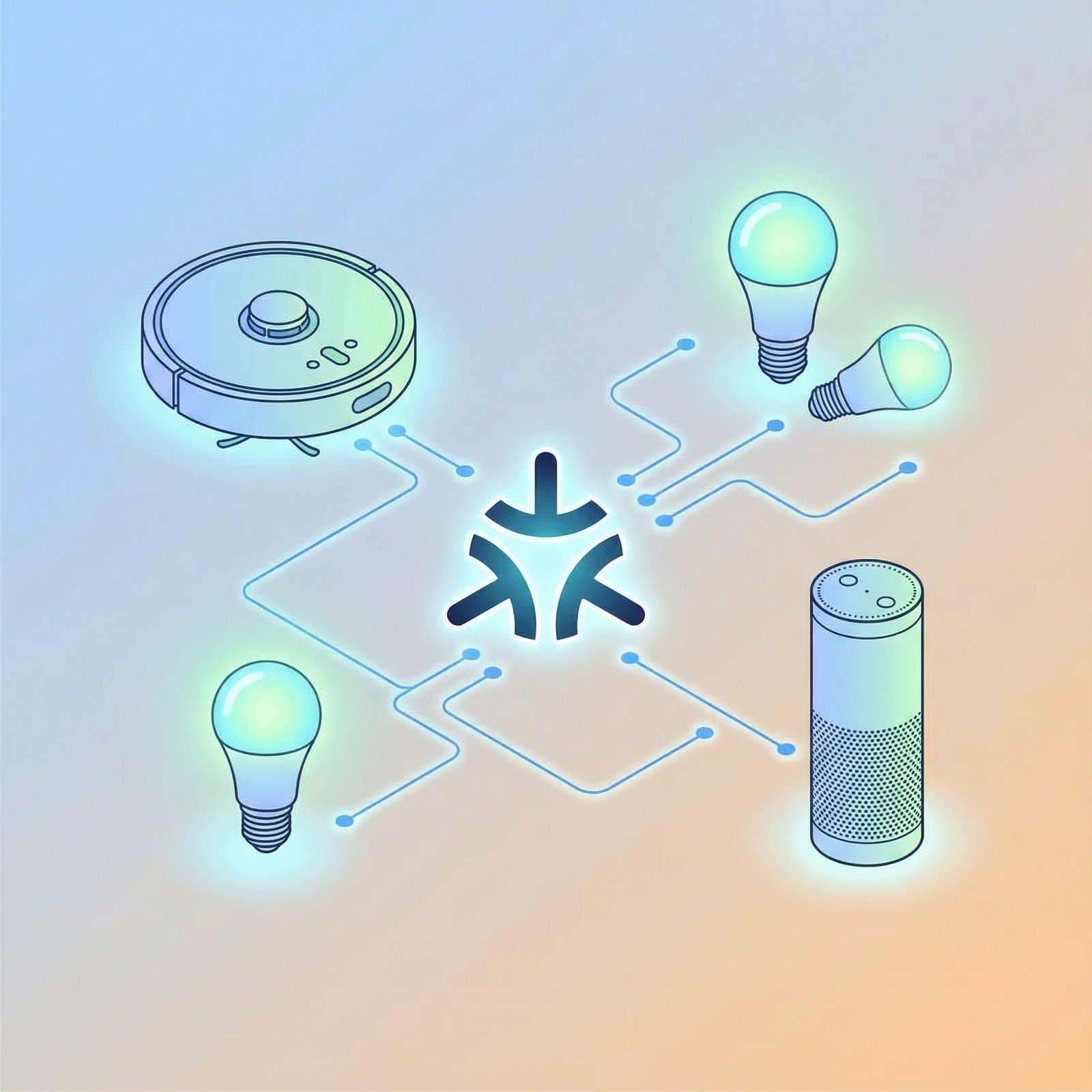 A minimalist illustration of interconnected smart home devices, including a robot vacuum, smart lights, and a smart speaker, all linked by a glowing Matter logo in the center. The background is a soft gradient. The style is an informational infographic. no visible text, aspect ratio 1:1