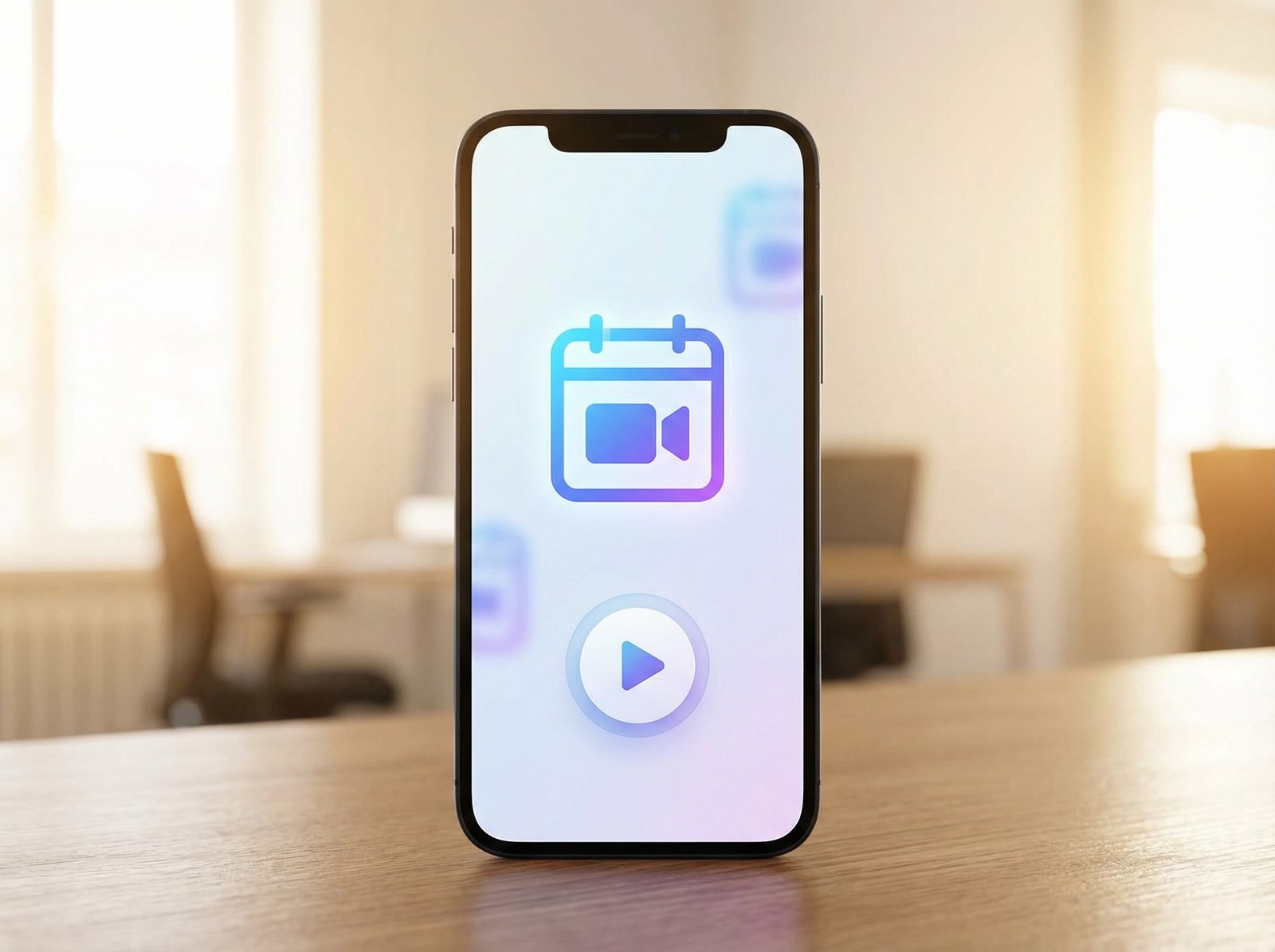 A smartphone screen showing a full-screen alarm notification for a virtual meeting, with a prominent button to directly open the meeting link. Clean, modern, no visible text. Aspect ratio 4:3.