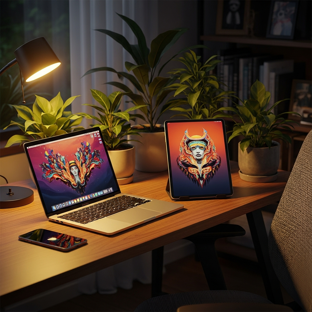 A cozy home office setup with multiple Apple devices, iPad and MacBook on the side, warm lighting, indoor plants, visually rich and centered focus, no text