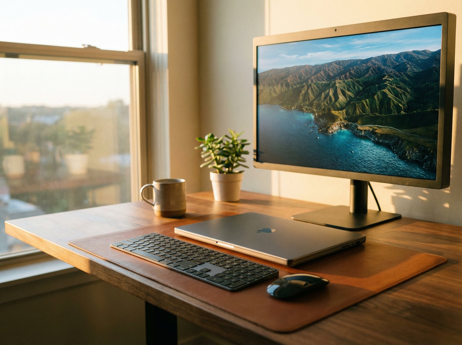 A clean and modern desk setup with a MacBook Pro at the center, surrounded by sleek accessories like a wireless mouse, keyboard, and an external monitor. Warm, natural lighting from a window. Lifestyle photography style. No visible text. 4:3 aspect ratio.