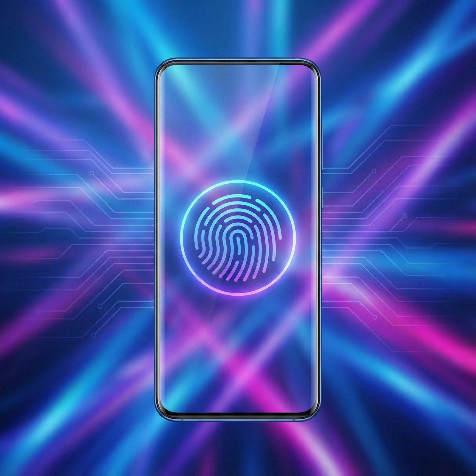 A sleek modern digital authentication concept showing a smartphone with a biometric fingerprint icon glowing on the screen against a high tech blue and purple gradient background with subtle network lines 1:1 no visible text
