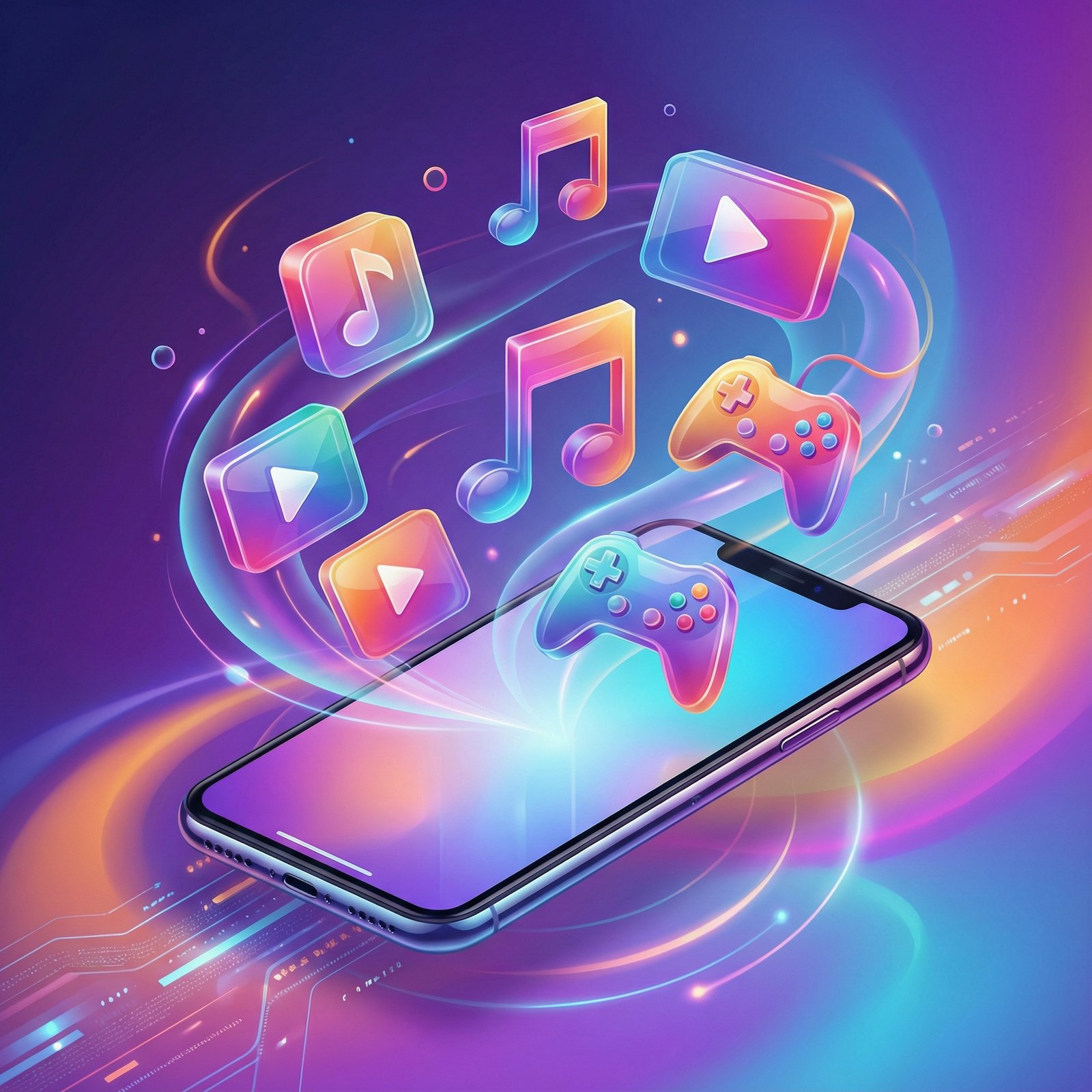 A creative 3D illustration of various colorful service icons like music, video, and gaming floating elegantly above a sleek smartphone. Vibrant gradient background, modern and tech-focused, detailed composition, 1:1 aspect ratio, no visible text.