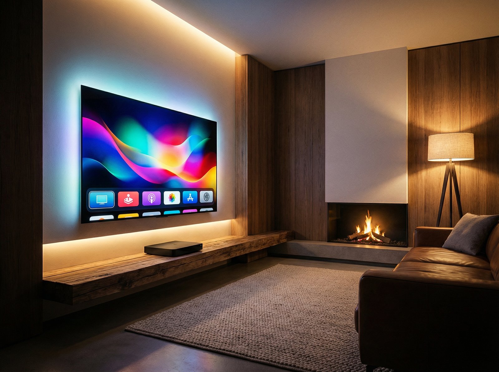 High contrast professional photography of a modern living room entertainment center. A sleek black streaming box sits on a wooden shelf below a large glowing OLED TV screen displaying a colorful interface. Warm ambient lighting creates a cozy atmosphere. 4:3 aspect ratio no visible text.