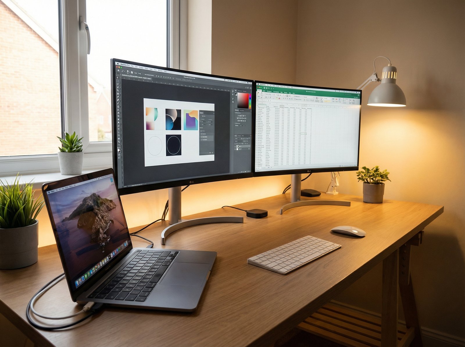 A modern home office with a MacBook Pro connected to two large external monitors, showcasing a multi-display setup for enhanced productivity. The desk is organized and well-lit. aspect ratio 4:3, no visible text, no Korean text