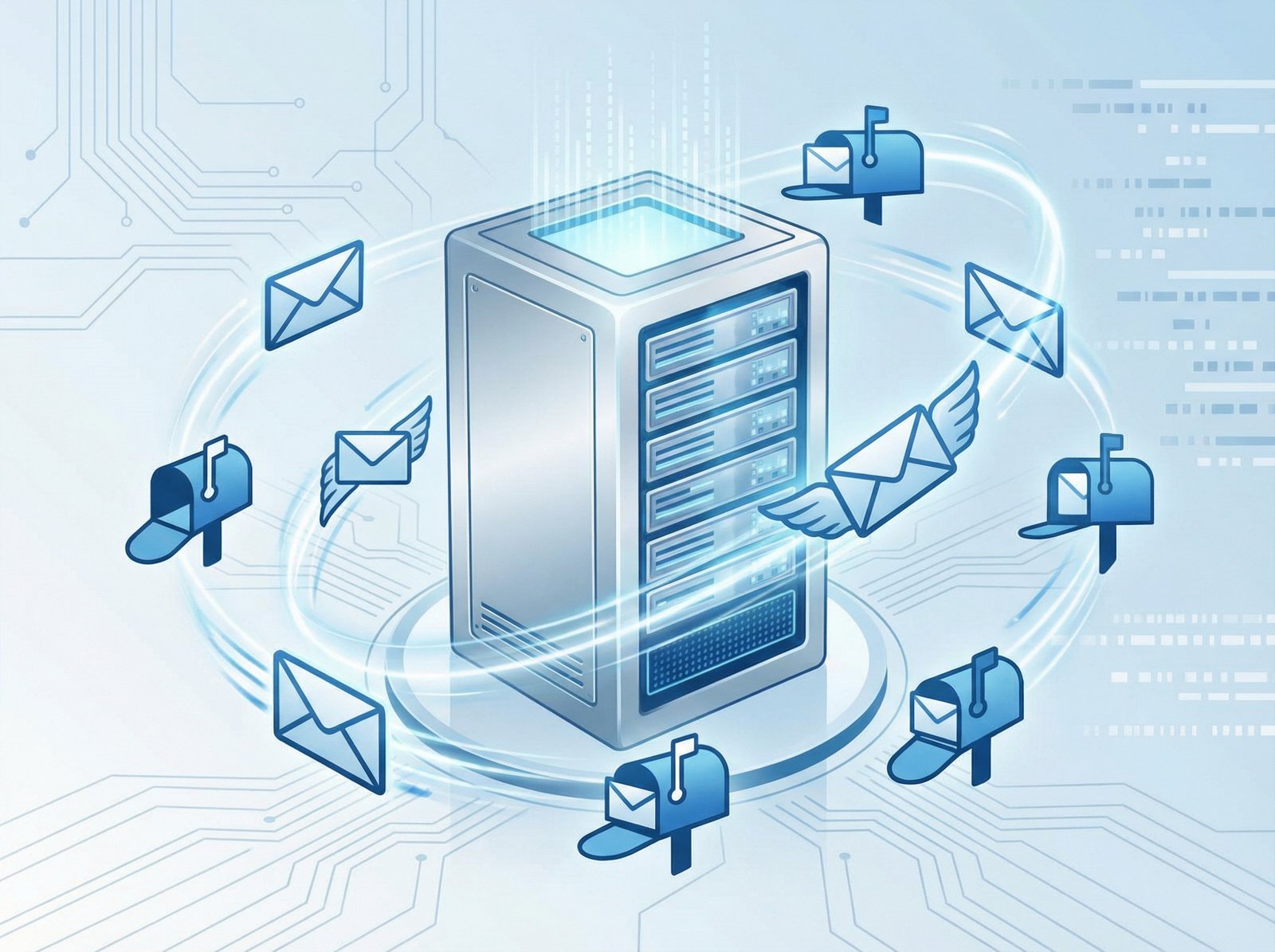 Digital illustration of various email icons like envelopes and mailboxes orbiting a central secure silver backup server, blue and white color palette, professional tech layout, 4:3 aspect ratio, no visible text