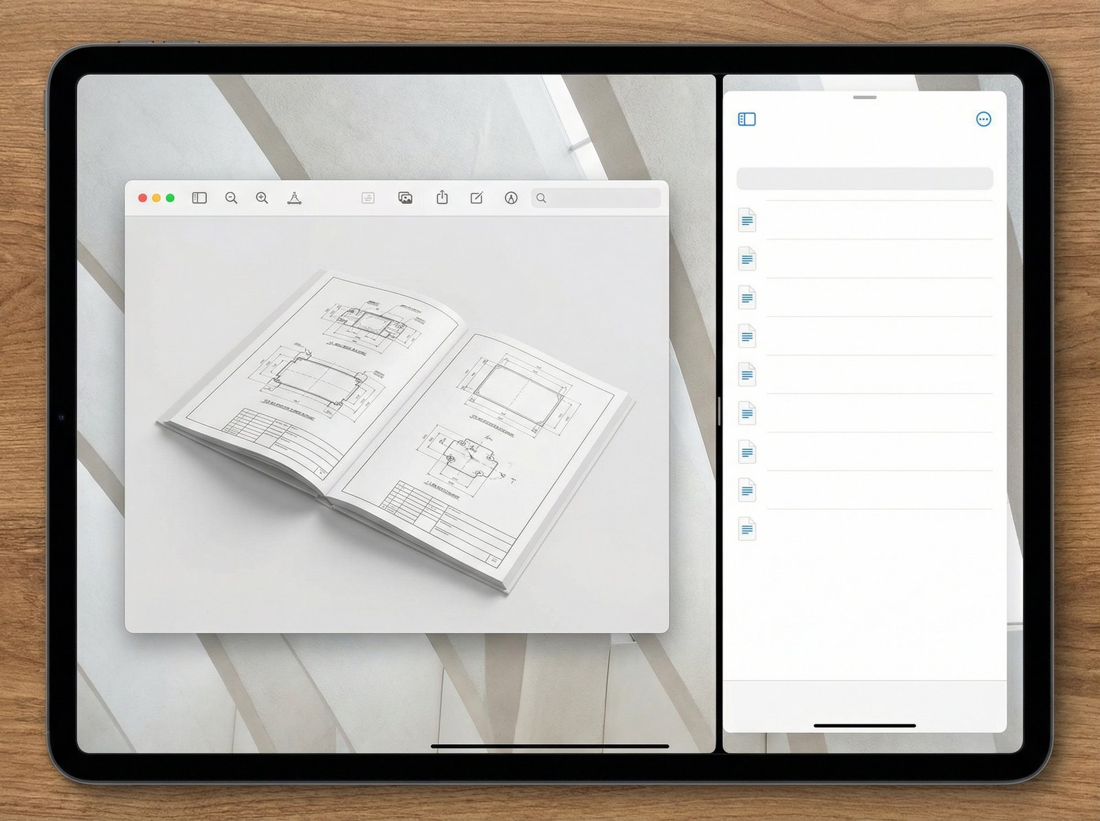 A tablet screen showing iPadOS 26 with two apps open side-by-side. On the left, a large window of the Preview app displays a PDF. On the right, a narrow window of the Files app shows a list of documents. The background is a modern, light-colored texture. No visible text. 4:3 aspect ratio.