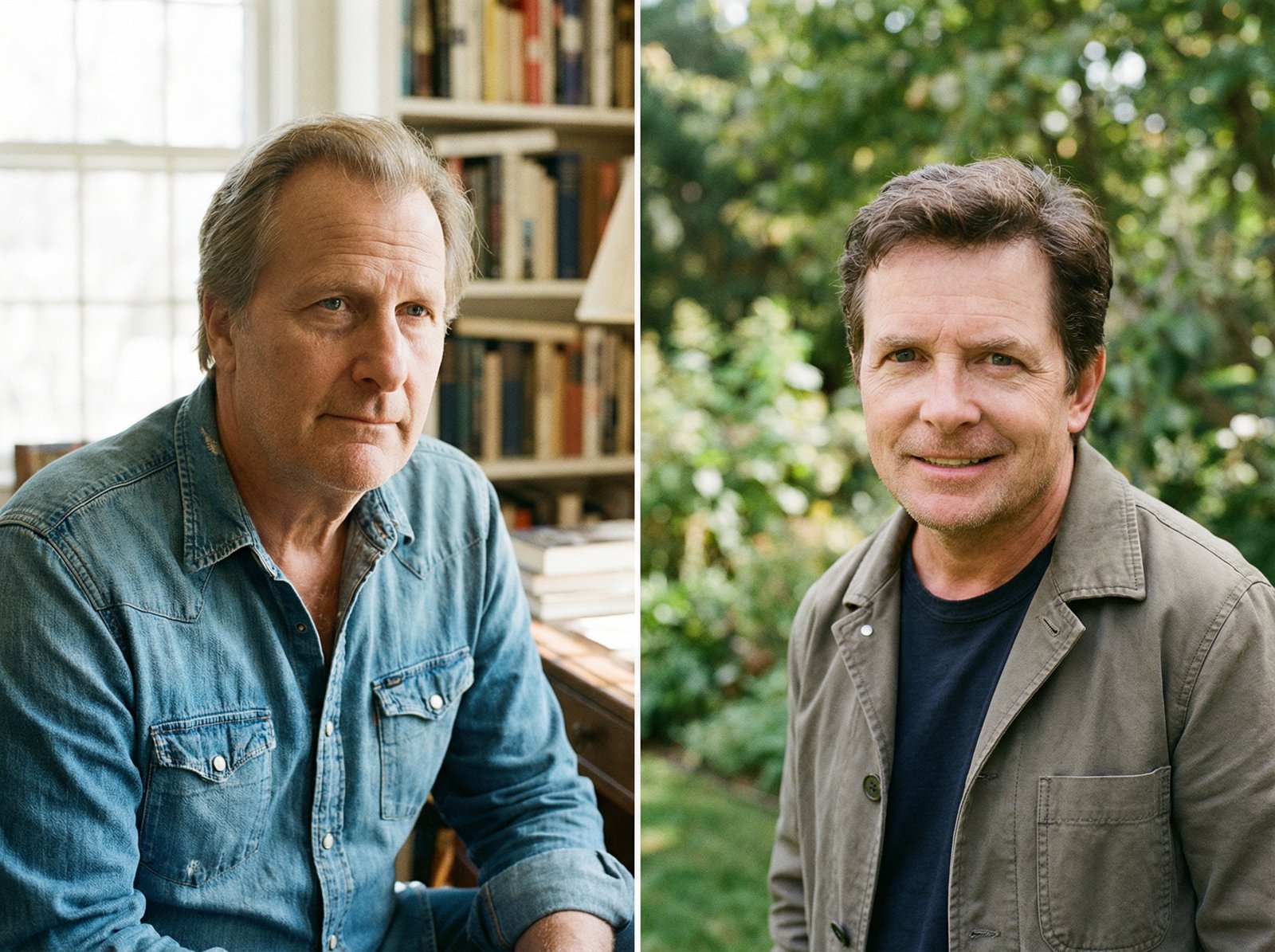 A collage or split image featuring two distinct portraits. One of Jeff Daniels, looking thoughtful and wise, and another of Michael J. Fox, with his characteristic warm smile. Both are presented in a professional yet inviting manner. Lifestyle photography, bright lighting, natural setting, no visible text, aspect ratio 4:3.