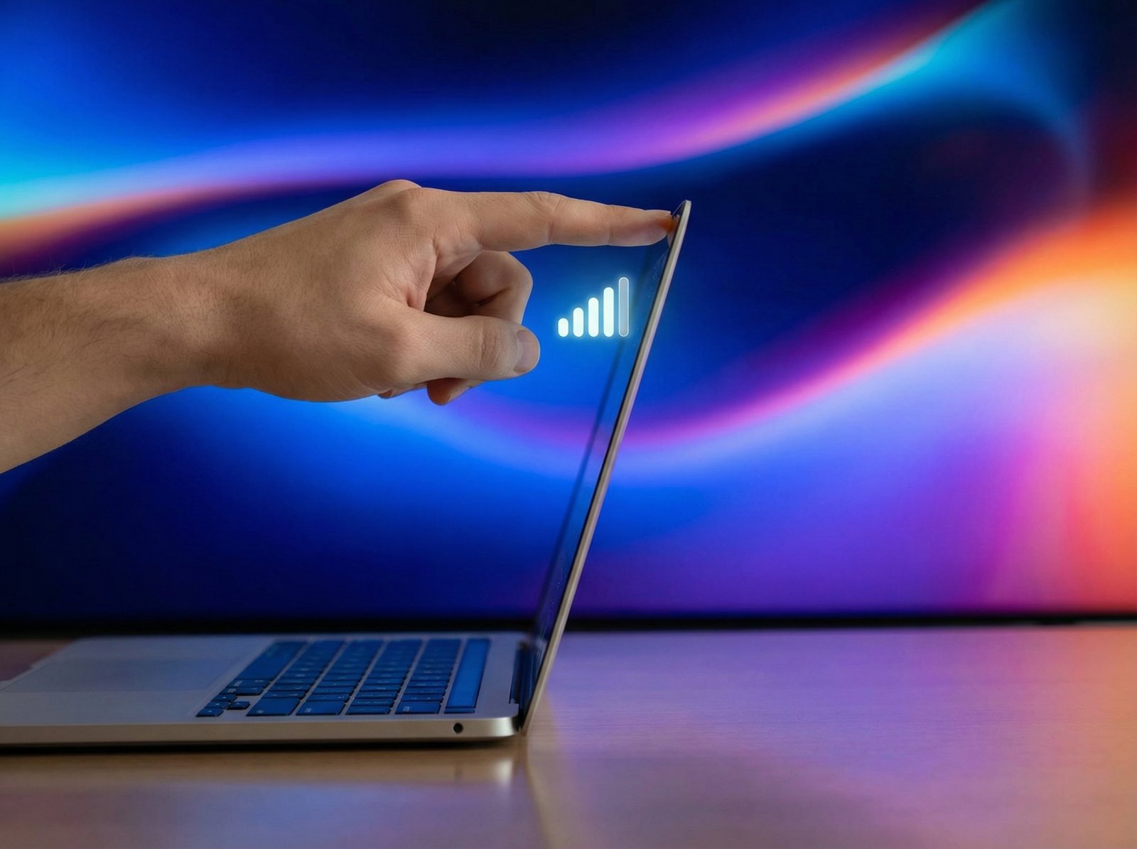 A sleek, modern MacBook Pro design with a cellular signal icon on the display and a hand gently touching the screen. The background is a vibrant, futuristic gradient, no visible text, 4:3 aspect ratio, no visible text.