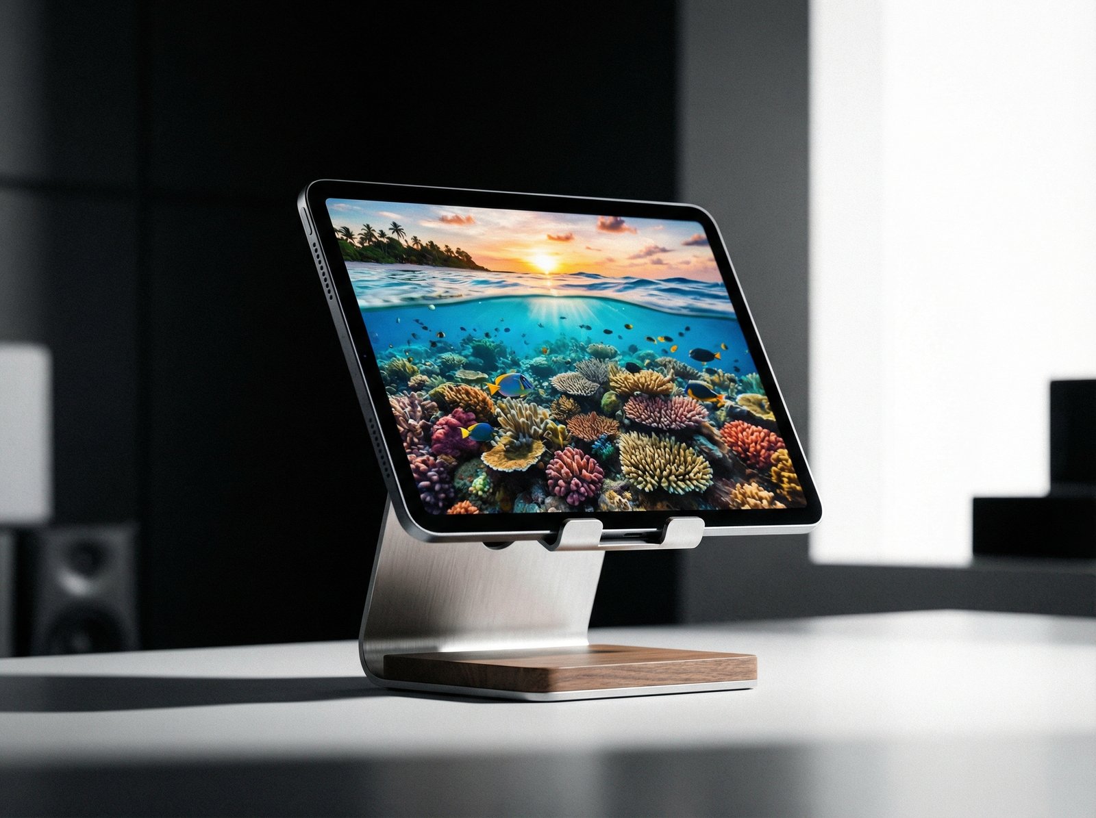 A sleek new iPad mini with an OLED display, showcasing vibrant colors and a crisp image. The device is slightly tilted on a minimalist stand. Modern and high-contrast, no visible text, 4:3 aspect ratio.