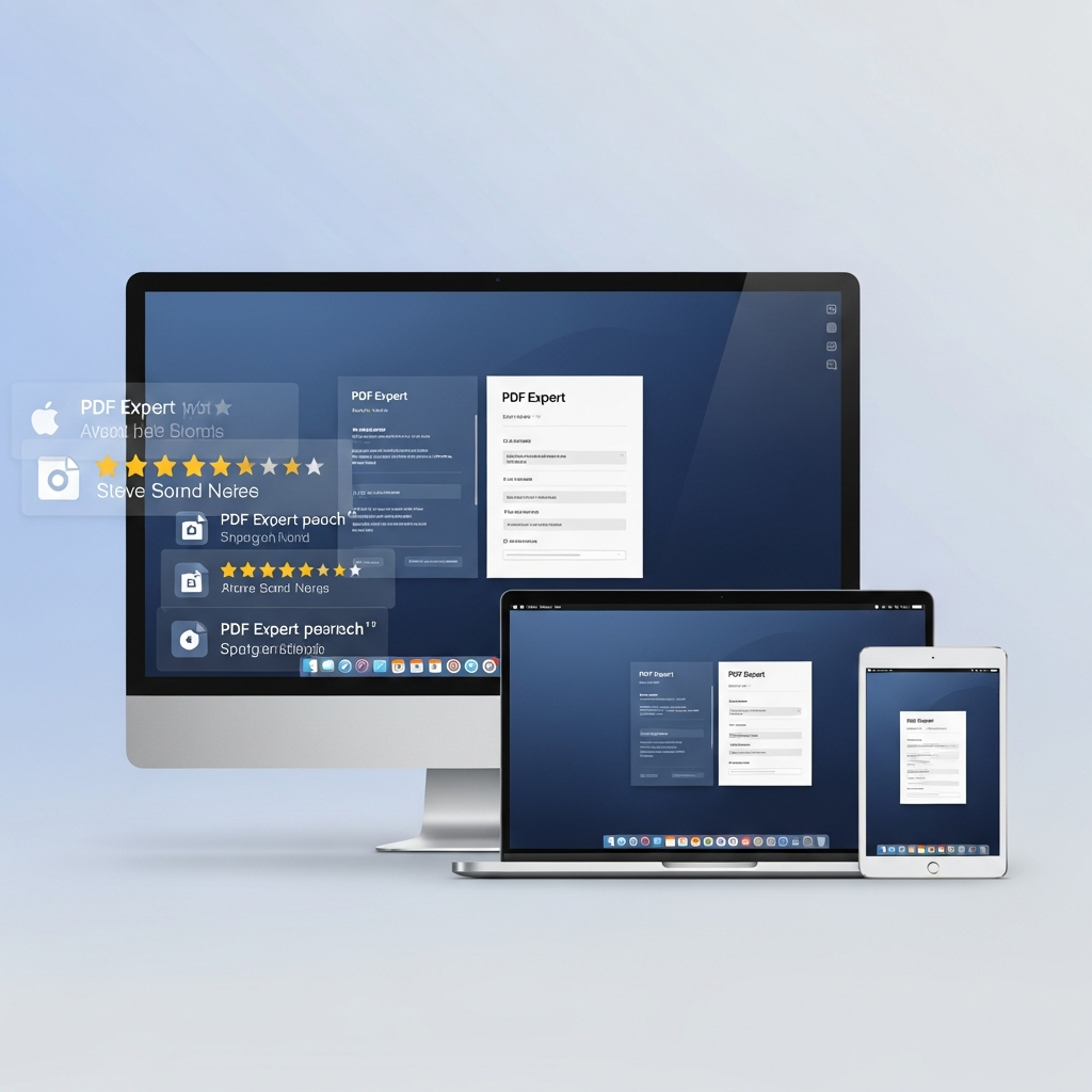 A sleek Mac desktop, MacBook, and iPad arranged together, each displaying the PDF Expert interface with English-only minimal text. A subtle overlay of rating stars or positive review snippets in English suggests high user satisfaction. The background is a clean, professional gradient, emphasizing compatibility and reliability with no empty margins.