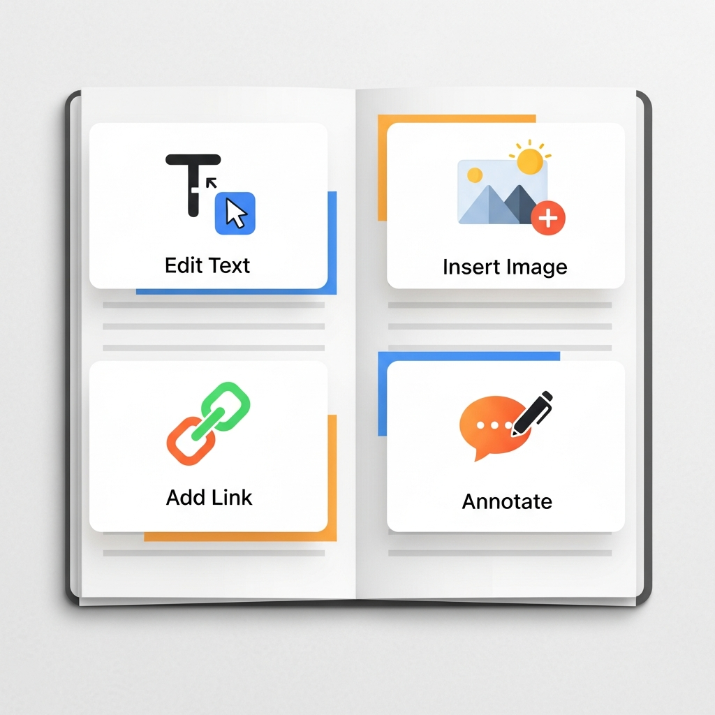 A clean infographic illustrating various PDF editing features with modern, intuitive icons. Features like text editing, image insertion, link adding, and annotation are represented. The interface elements are minimal and in English only. Bright, balanced lighting on a subtle textured background with no empty margins.