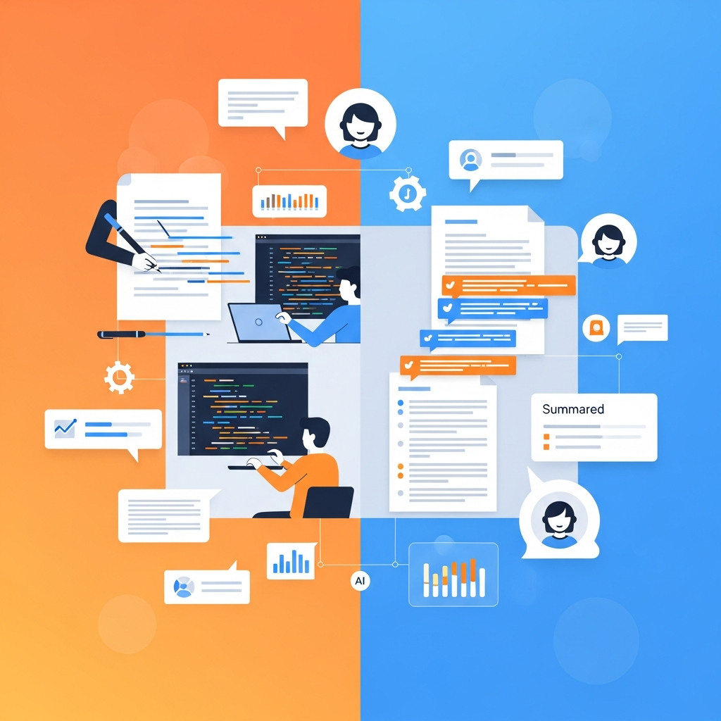A split-screen illustration showing various productivity tasks like writing, coding, and summarizing documents, all integrated with an AI assistant interface, modern layout, vibrant gradient background, clean infographic style, no text.