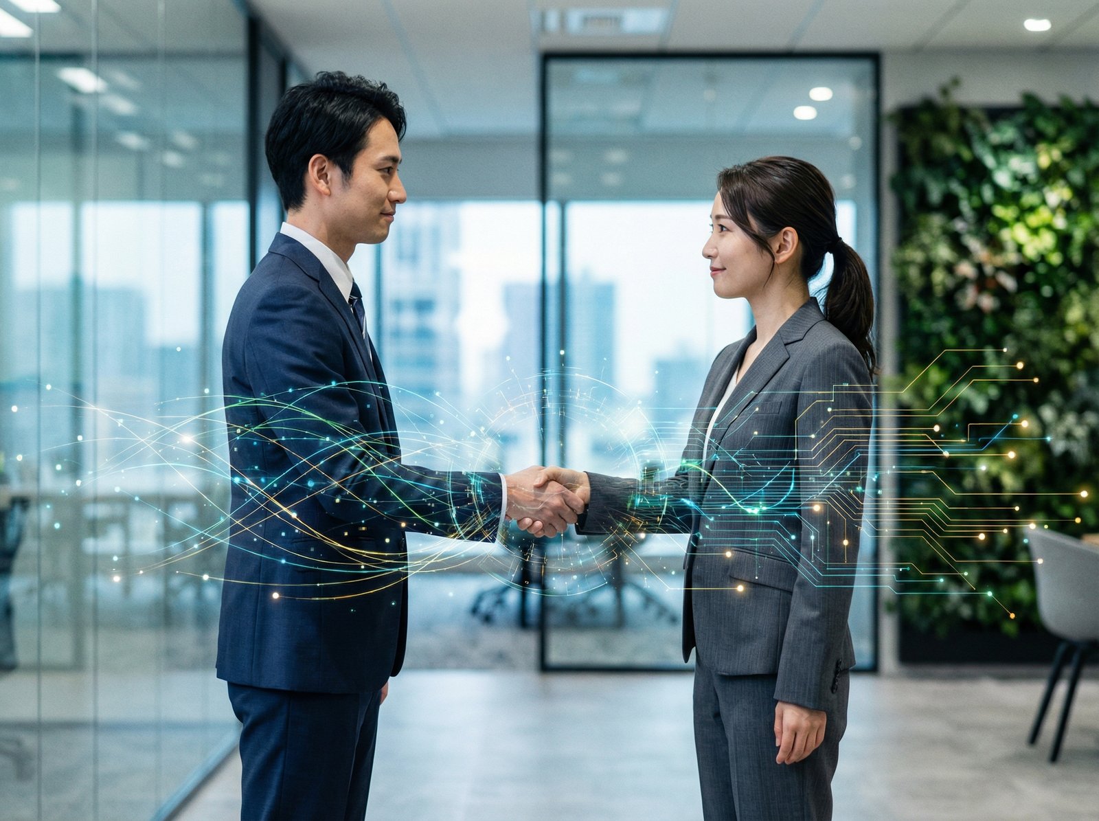 Two business people shaking hands, with abstract lines and glowing data representing AI and technology connecting them. The background is a blurred, modern office setting. Aspect ratio 4:3, no visible text.