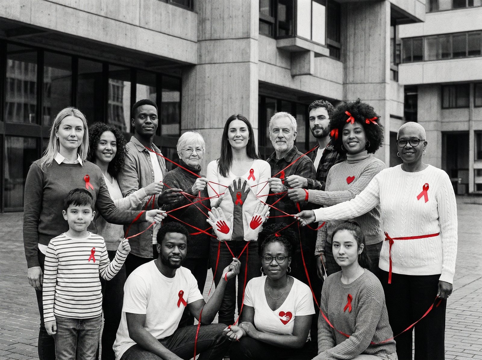 Diverse people from various backgrounds, subtly intertwined with red ribbons or symbols, representing collective support for the fight against AIDS. Modern layout, high contrast, aspect ratio 4:3, no visible text.