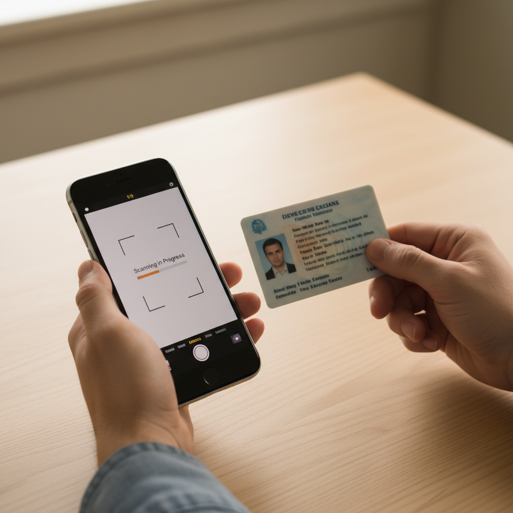 A person's hands holding an iPhone and a physical driver's license, performing a scanning process, minimalist wooden table background, warm natural light, no text, 4:3