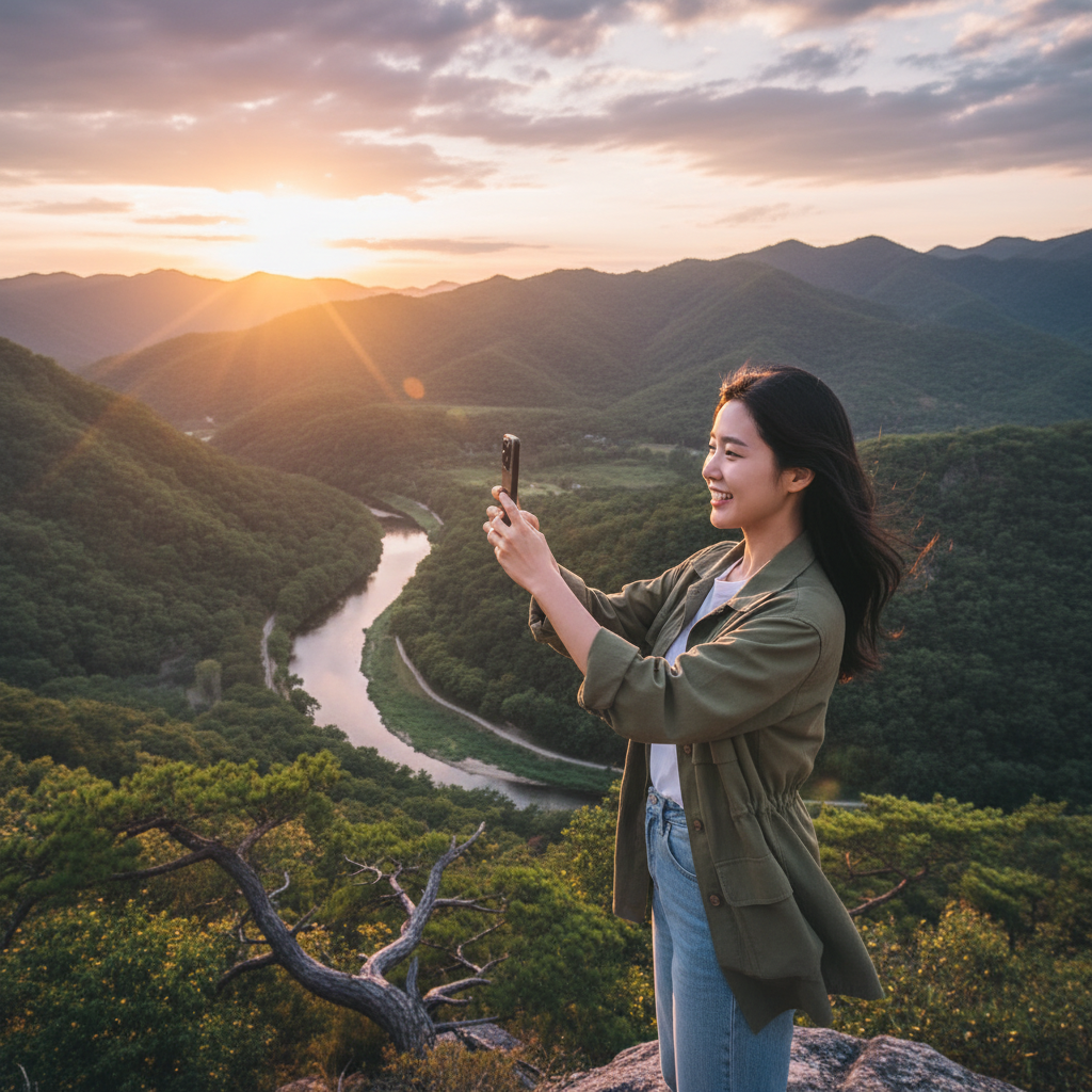 A person with Korean appearance taking a beautiful landscape photo with a smartphone, sunset lighting, natural expression, lifestyle photography, 4:3