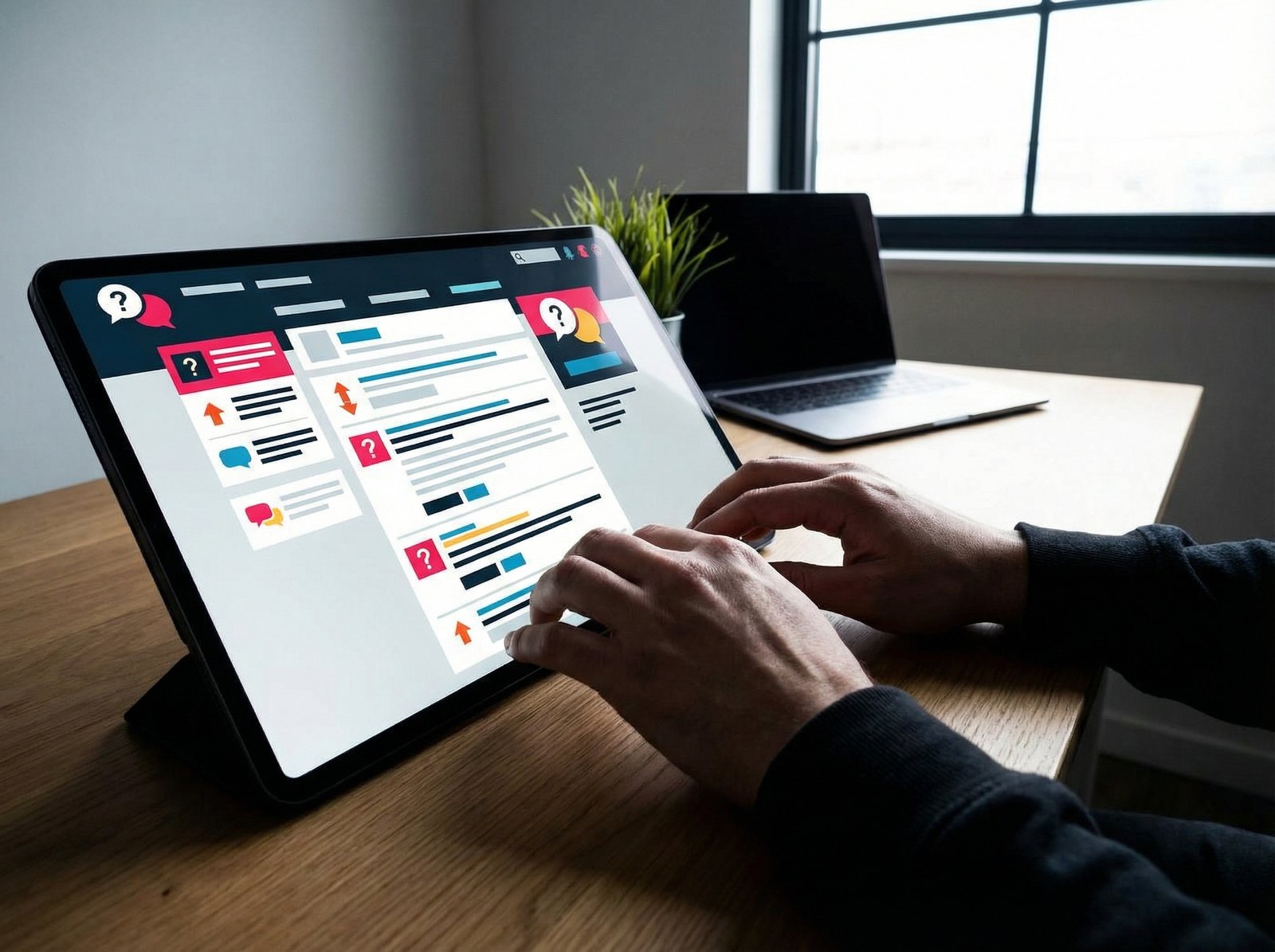 A person typing a question on a tablet, with a stylized representation of an online forum or Q&A platform on the screen. The background is a modern, clean workspace. Aspect ratio 4:3, no visible text, modern layout, high contrast.