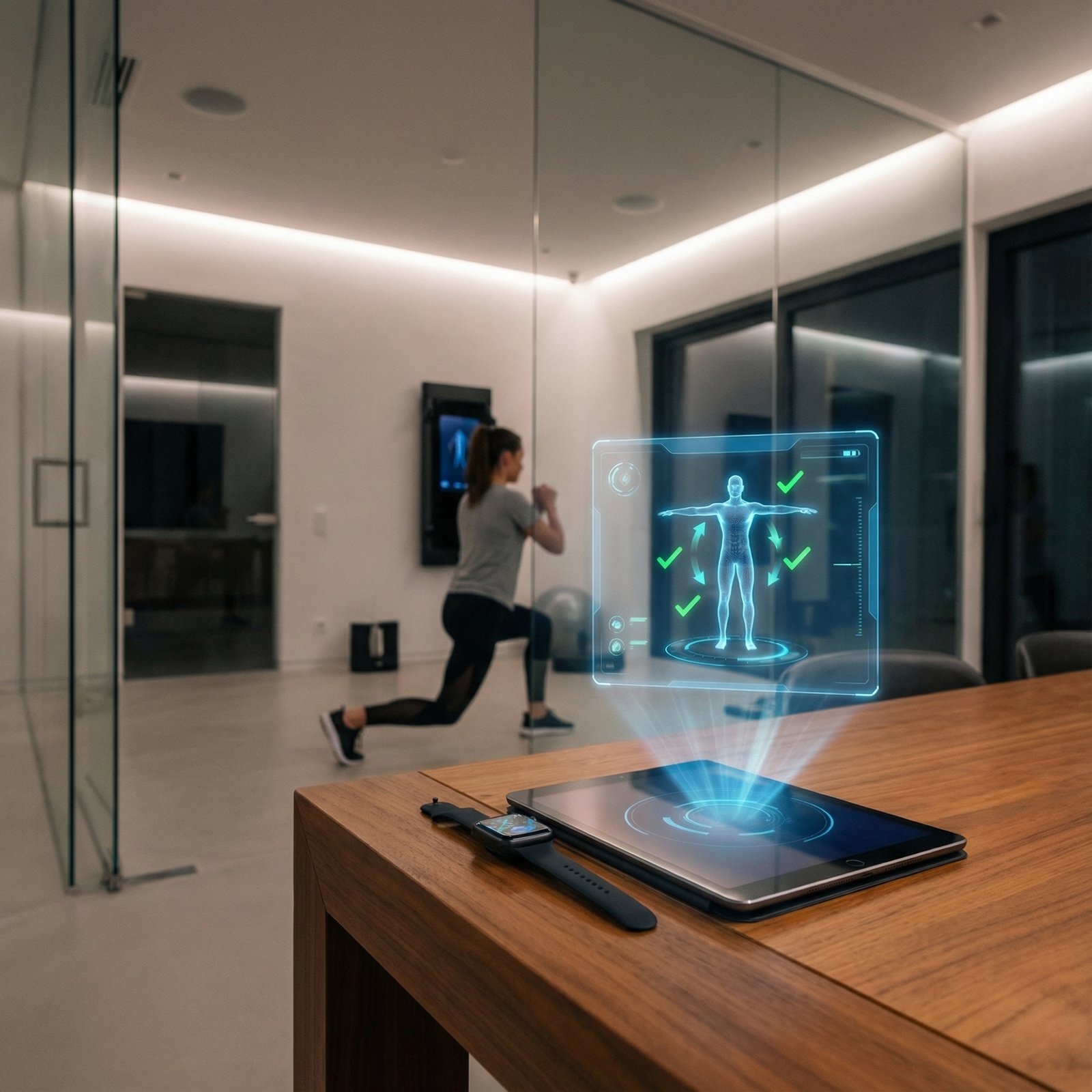 A person exercising in a modern home gym, guided by a holographic interface projected from an Apple Watch onto an iPad screen, showing AI-driven workout recommendations. The atmosphere is clean and high-tech, with subtle glow effects. no visible text, aspect ratio 1:1