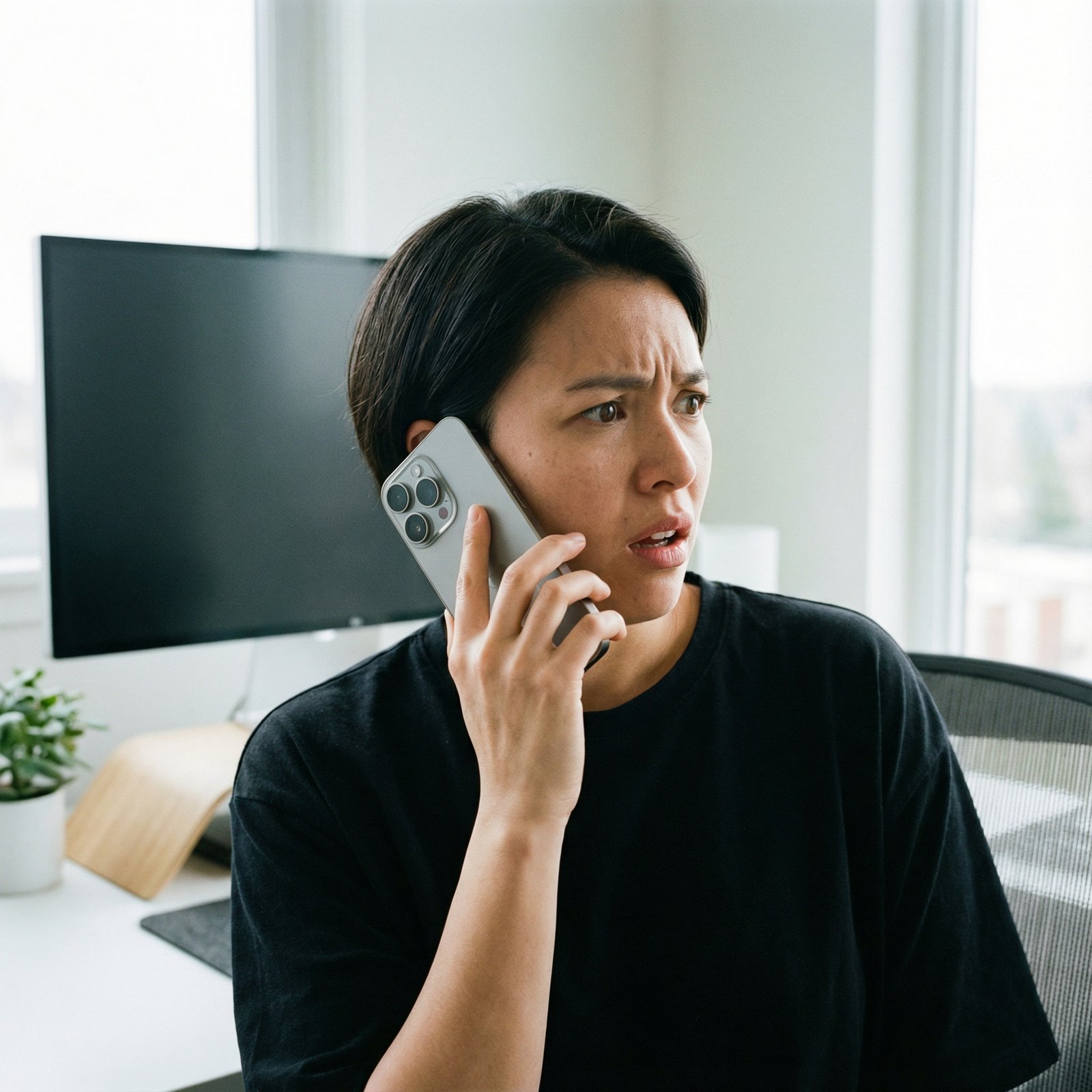 A person holding an iPhone 17 Pro close to their ear, with a perplexed expression, as if listening to a strange sound. The background is a clean, modern desk setting. Aspect ratio 1:1, no visible text.