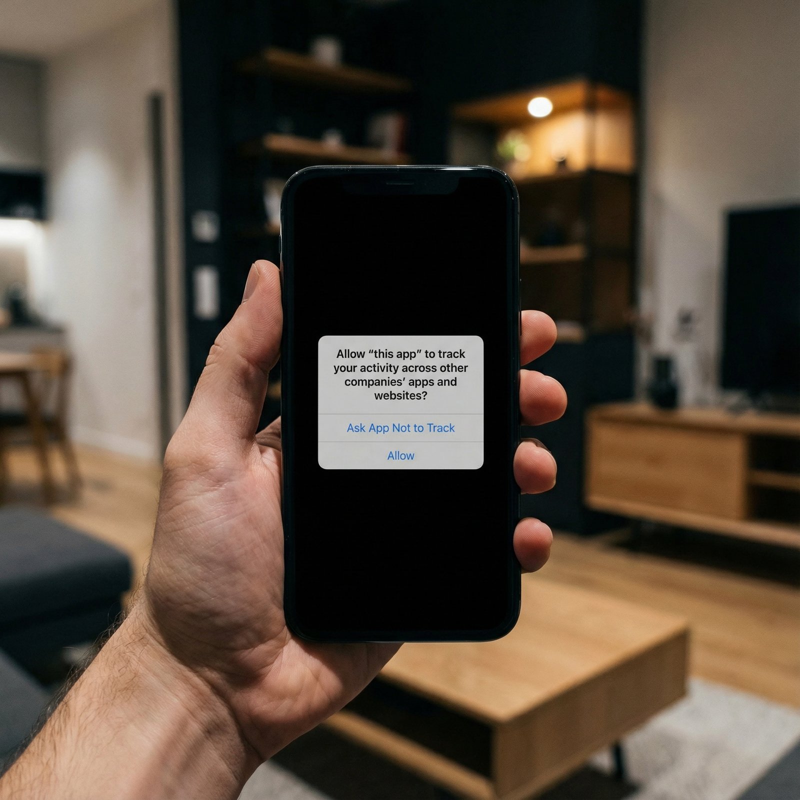 A person holding an iPhone, looking at a screen displaying a privacy pop-up with "Ask App Not to Track" option. The background is a modern, clean room, informational style with high contrast, no visible text, 1:1 aspect ratio, no white or empty background.