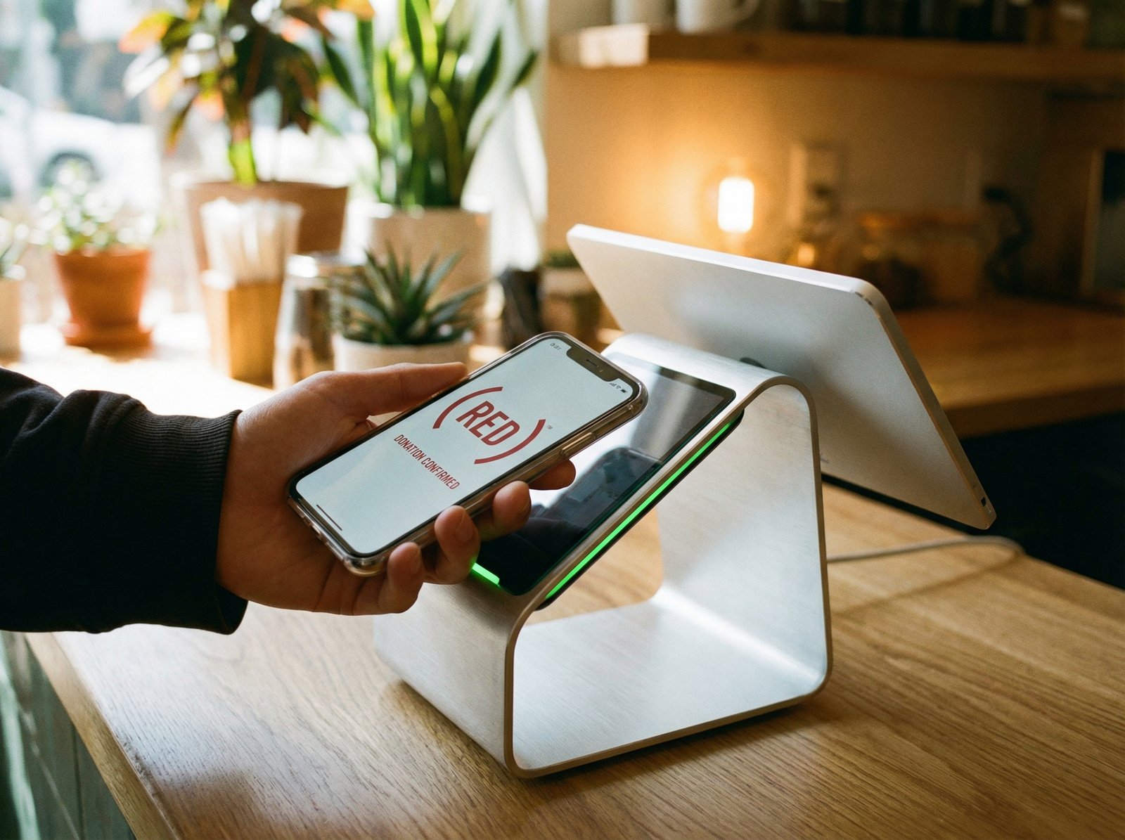 A close-up of a person's hand holding an iPhone, making an Apple Pay payment at a sleek, modern POS terminal. The screen shows a (RED) logo or a donation confirmation. Lifestyle photography, warm lighting, natural setting, aspect ratio 4:3, no visible text.
