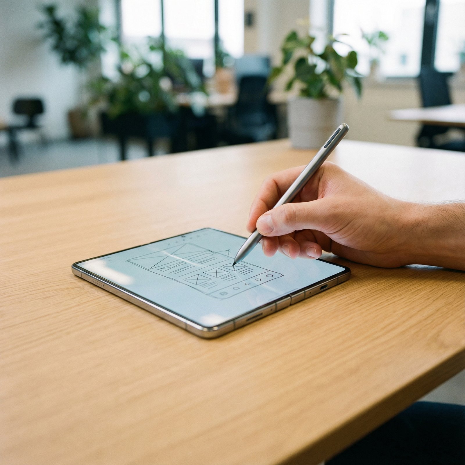 A person's hand holding a sleek, modern stylus, sketching on the large, unfolded screen of a foldable smartphone. The device is on a clean, light-colored desk with a blurred background. Aspect ratio 1:1, no visible text.