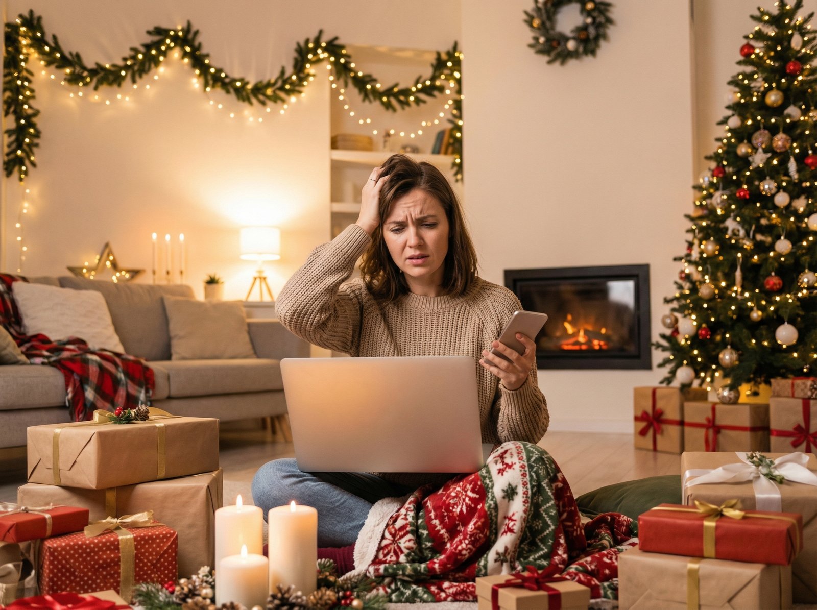 A person looking slightly stressed while holding a smartphone and a laptop, surrounded by festive holiday decorations. The scene has warm, cozy lighting, set in a modern living room. Aspect ratio 4:3, no visible text, lifestyle photography, warm lighting.