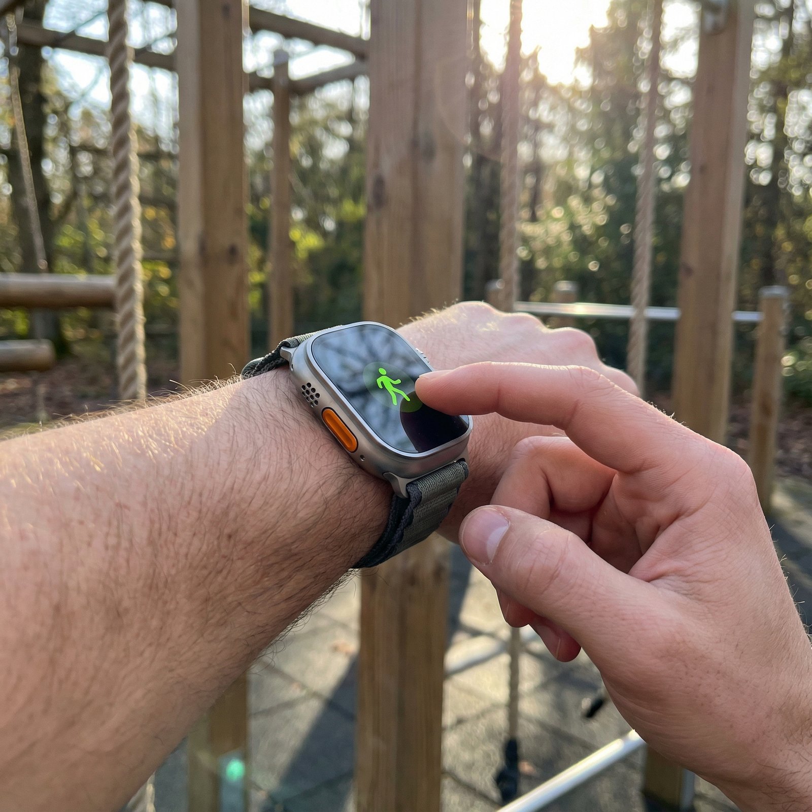 Close-up lifestyle photography of a person's hand pressing the Action button on an Apple Watch Ultra 3 during a workout. Bright, balanced lighting in an outdoor gym setting. no visible text, aspect ratio 1:1