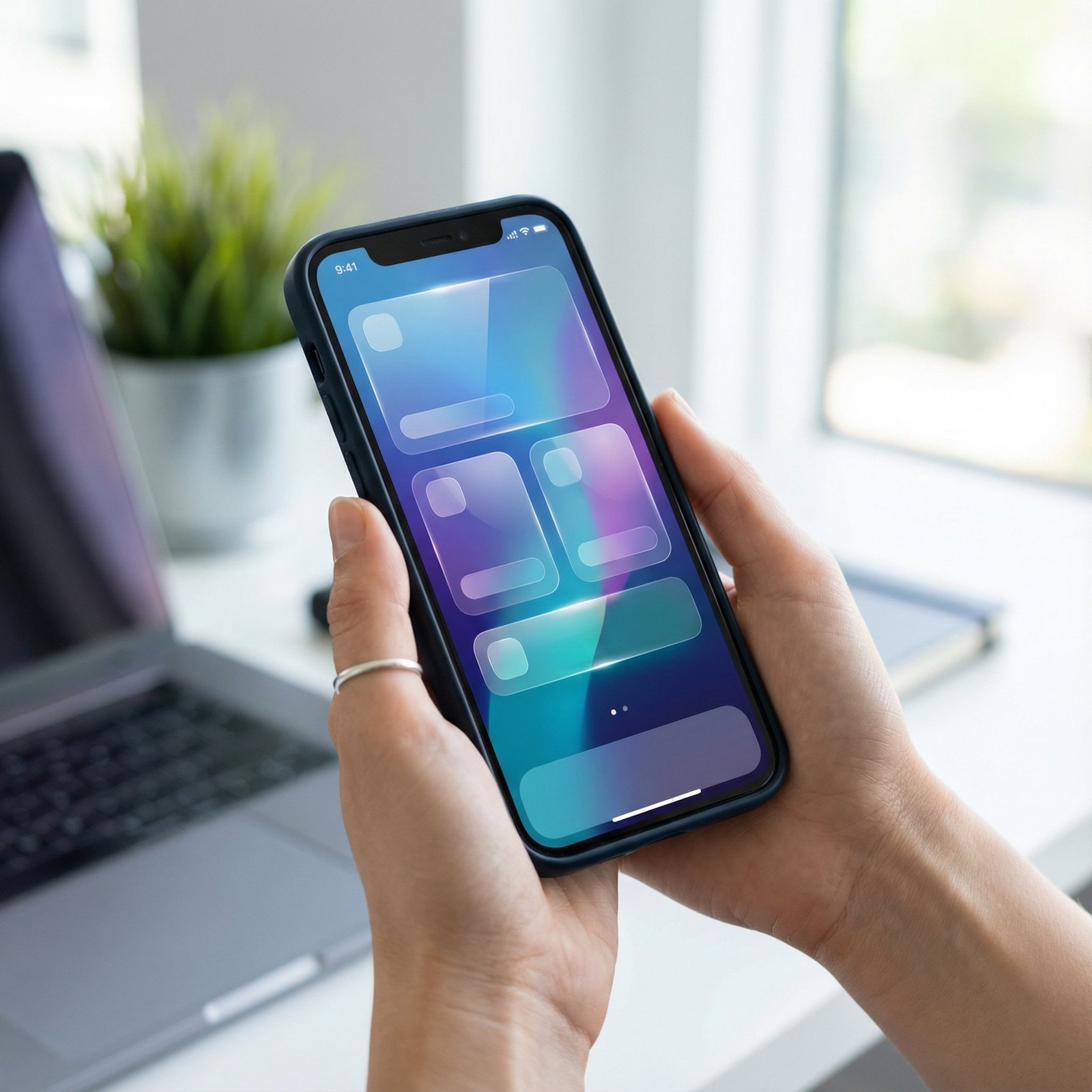A person's hand holding an iPhone, displaying the CardPointers app with a focus on its Liquid Glass design. The background shows a subtle, modern office environment. Bright, balanced lighting, no visible text. aspect ratio 1:1, no visible text, lifestyle photography style.