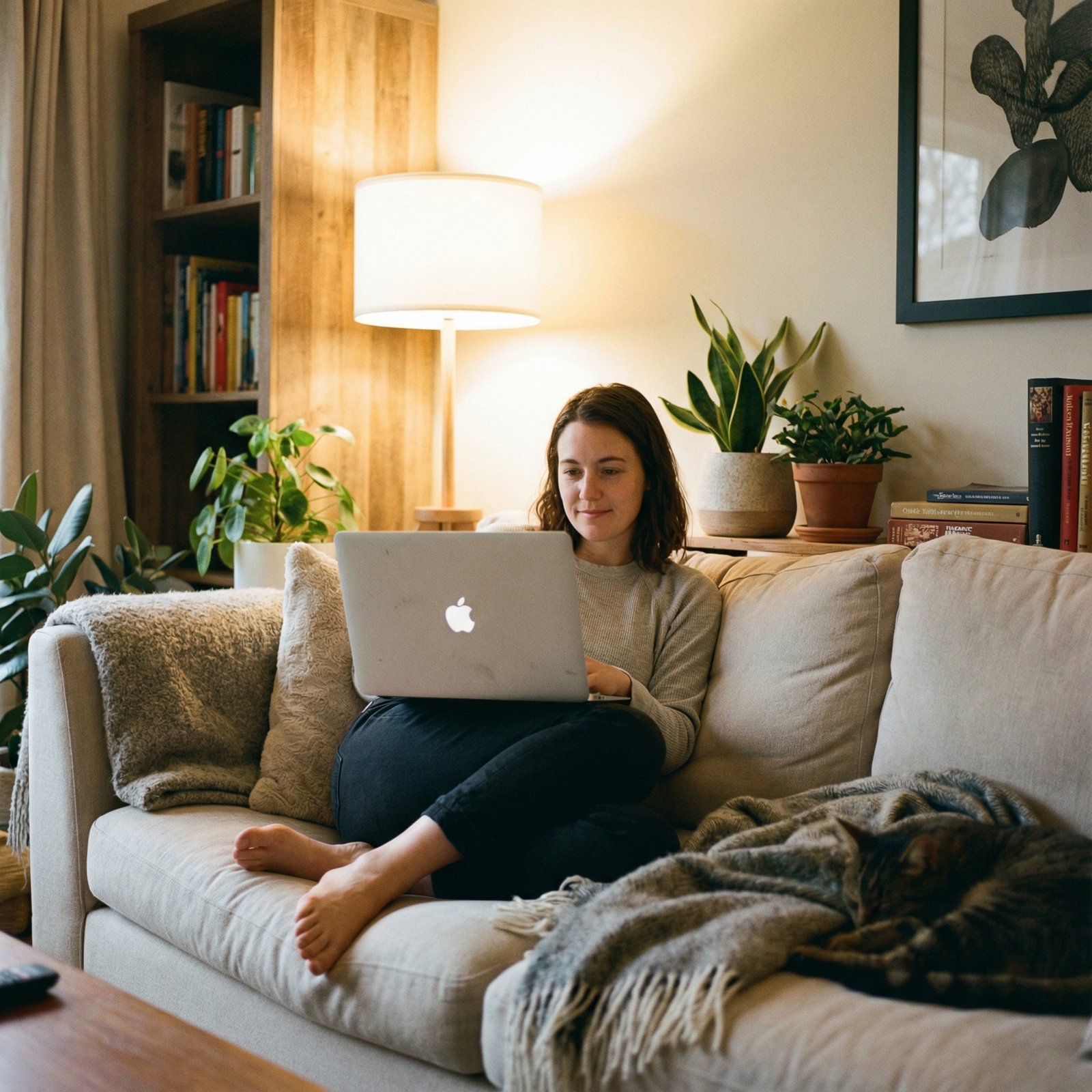 A person comfortably using a refurbished 2017 MacBook Air on a couch in a cozy living room. The person has a natural, relaxed expression. Warm lighting, modern home decor. Aspect ratio 1:1, no visible text.