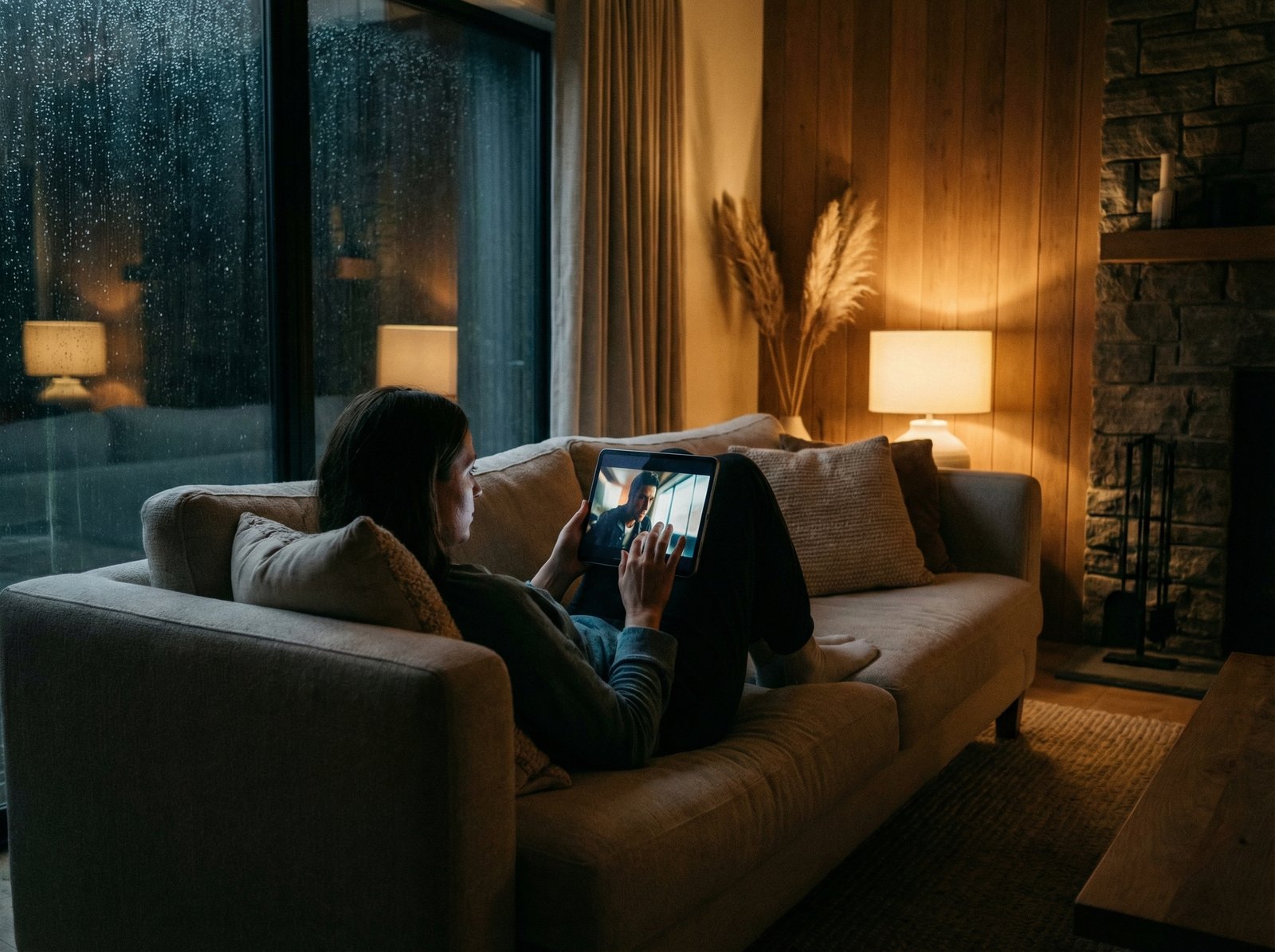 A person sitting on a comfortable sofa in a dimly lit modern living room, watching a high-quality cinematic movie on an iPad Pro. Realistic lighting from the screen reflected on the face, cinematic mood, 4:3 aspect ratio, no visible text.