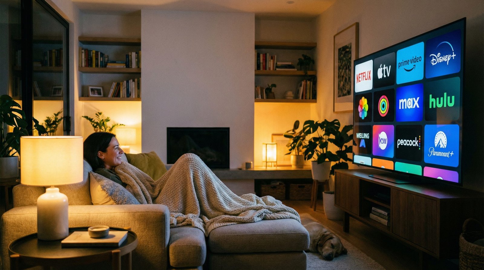 A person watching a large TV screen with various streaming service logos like Netflix, Apple TV, Prime Video, in a modern living room setting. The atmosphere is cozy and engaging. 16:9 aspect ratio, no visible text.