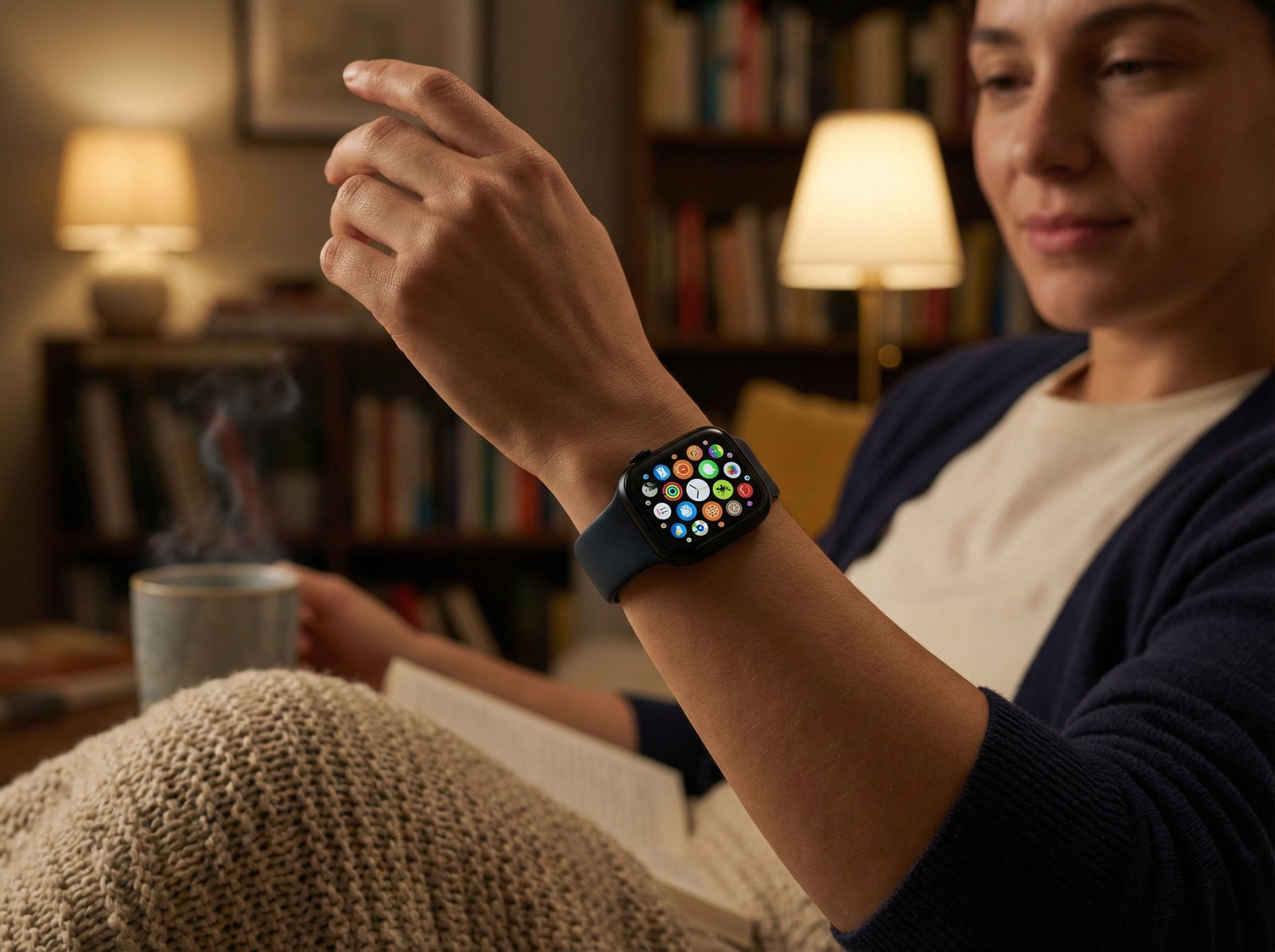 A person wearing an Apple Watch Series 11 on their wrist, checking notifications. The setting is a cozy indoor environment with warm lighting, natural expression, no visible text, aspect ratio 4:3.
