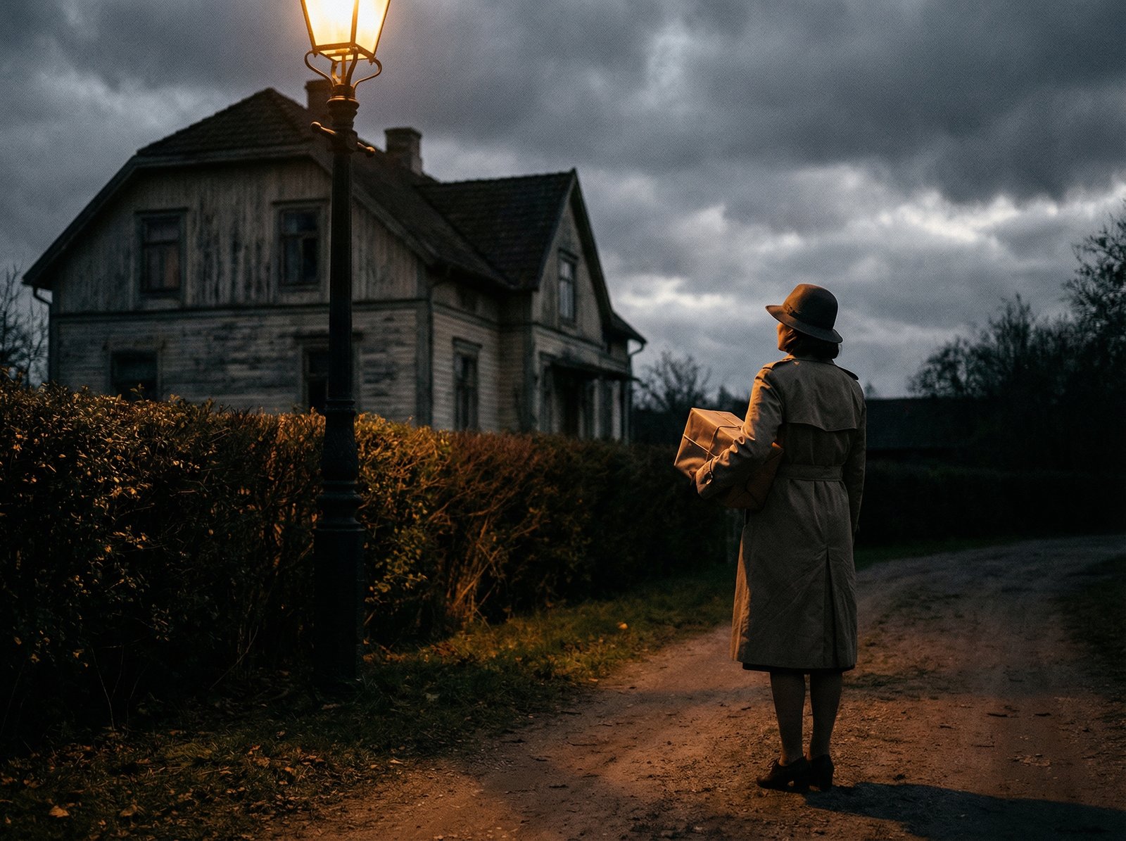 Dramatic scene of a woman looking at a house with an intense, mysterious package, suspenseful lighting, no visible text, aspect ratio 4:3, informational style.