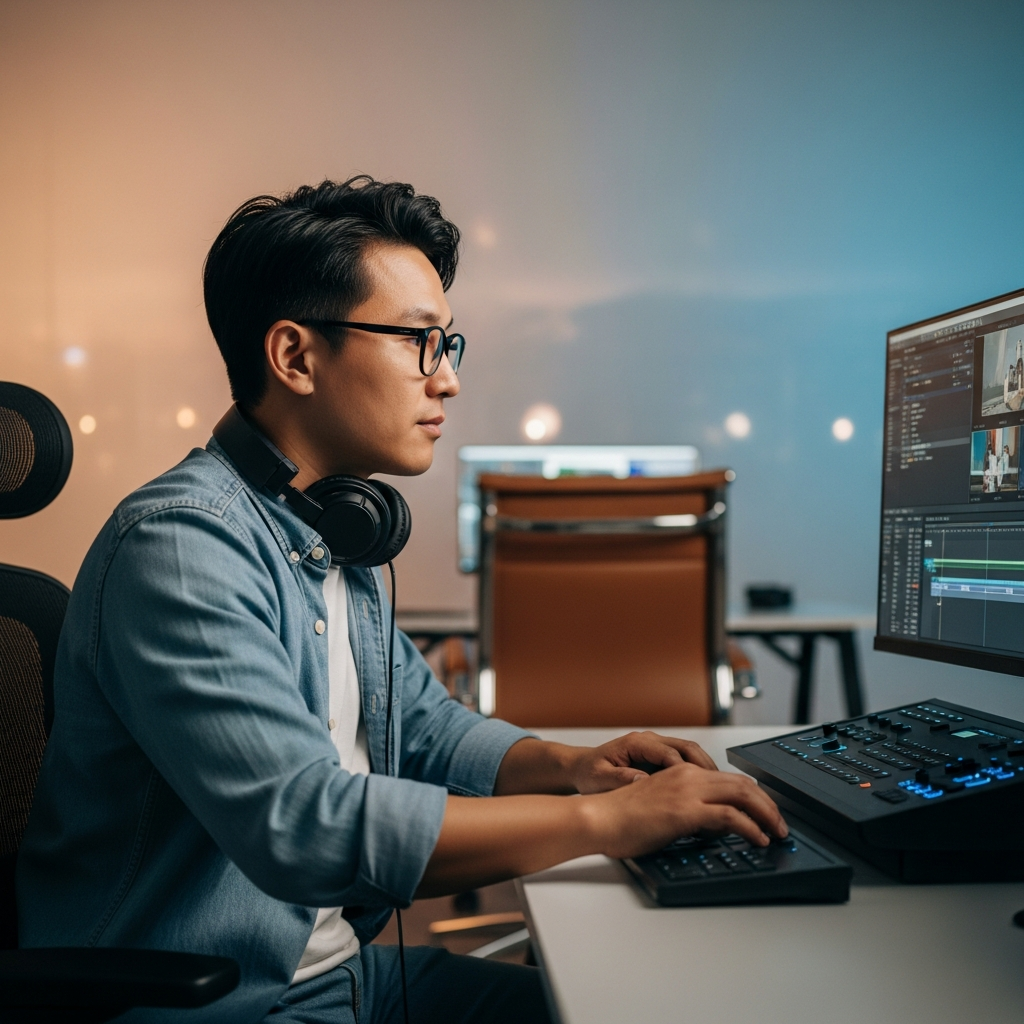A professional video editor working on a large display in a creative office, Korean appearance, natural expression, modern furniture, soft gradient background, no text