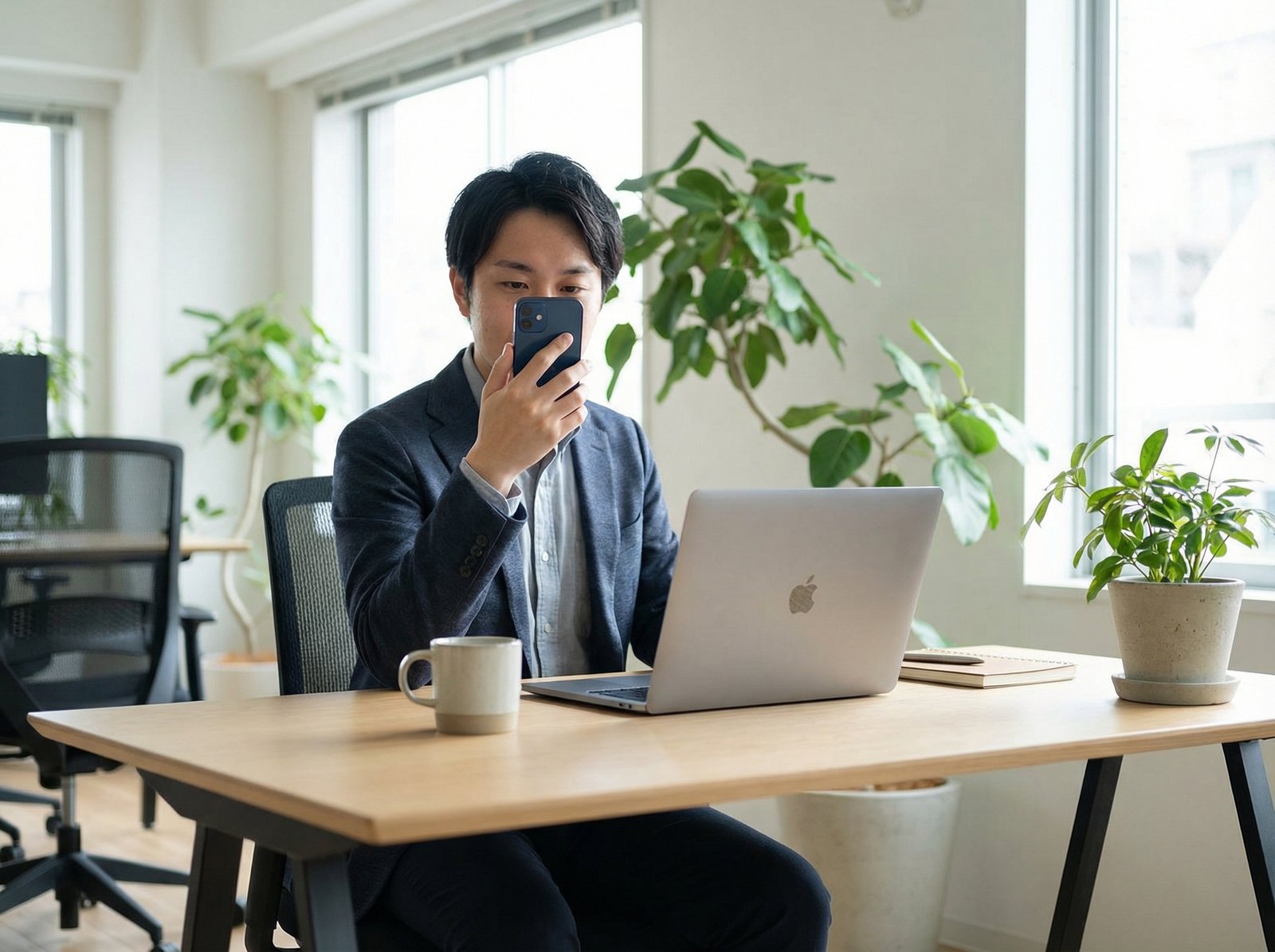 A professional office worker in a modern bright office environment using Face ID on an iPhone to securely log into a MacBook Pro with soft natural lighting and a clean workspace 4:3 no visible text