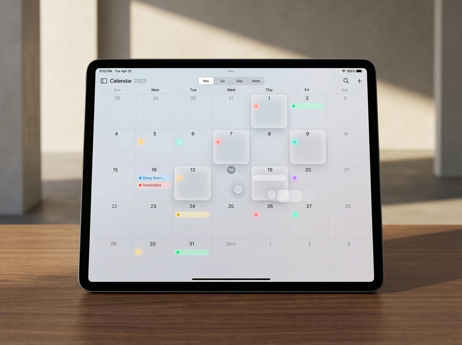 A modern, visually appealing calendar application interface on an Apple device, showing a clean layout with events and reminders, possibly with a subtle hint of new interactive elements, no visible text, aspect ratio 4:3, informational style.