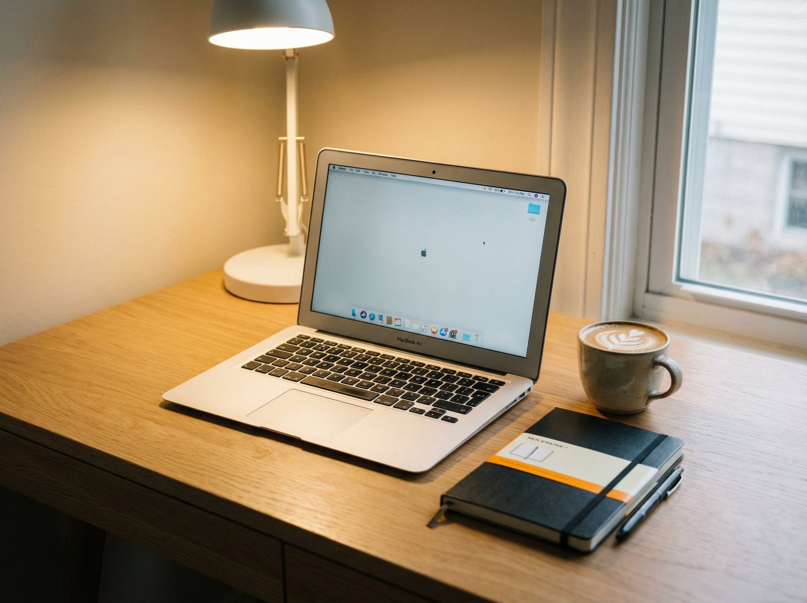 A sleek, silver refurbished 2017 MacBook Air placed on a modern wooden desk with a minimalist aesthetic. There is a cup of coffee and a notebook nearby. The lighting is warm and inviting. Aspect ratio 4:3, no visible text.