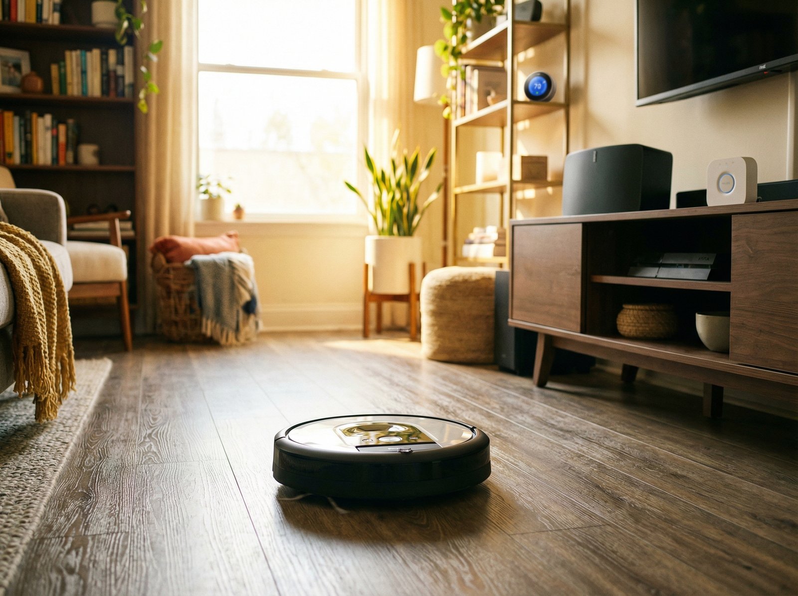 A sleek, modern Roomba robot vacuum cleaning a living room with smart home devices in the background. The room has a warm, inviting atmosphere with natural light. The Roomba should be clearly visible and in focus. The style is lifestyle photography with warm lighting. no visible text, aspect ratio 4:3