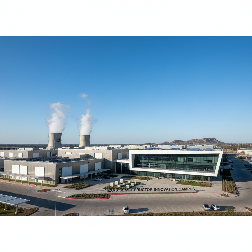 A modern high-tech semiconductor manufacturing facility in Texas, blue sky background, professional industrial photography, clean architectural lines, 4:3