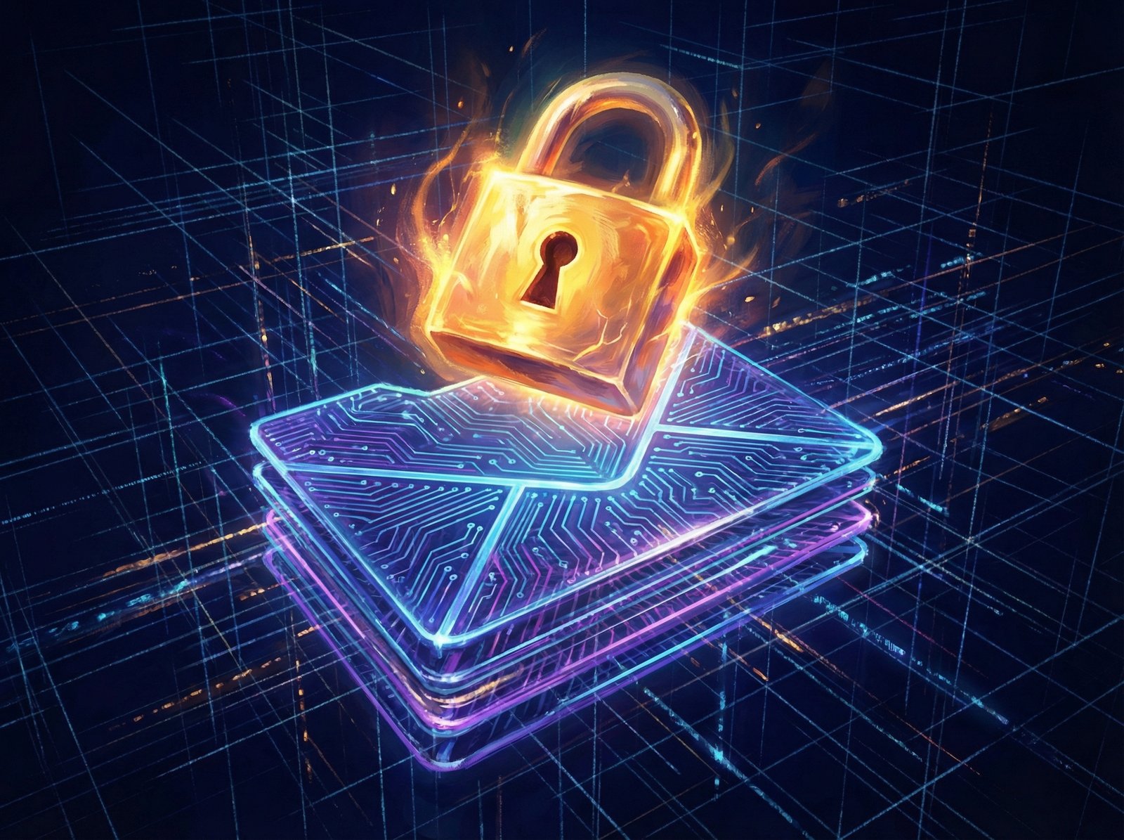 Artistic rendering of a glowing golden padlock placed over a stack of digital email folders, dark blue background with digital grid patterns, 4:3 aspect ratio, no visible text