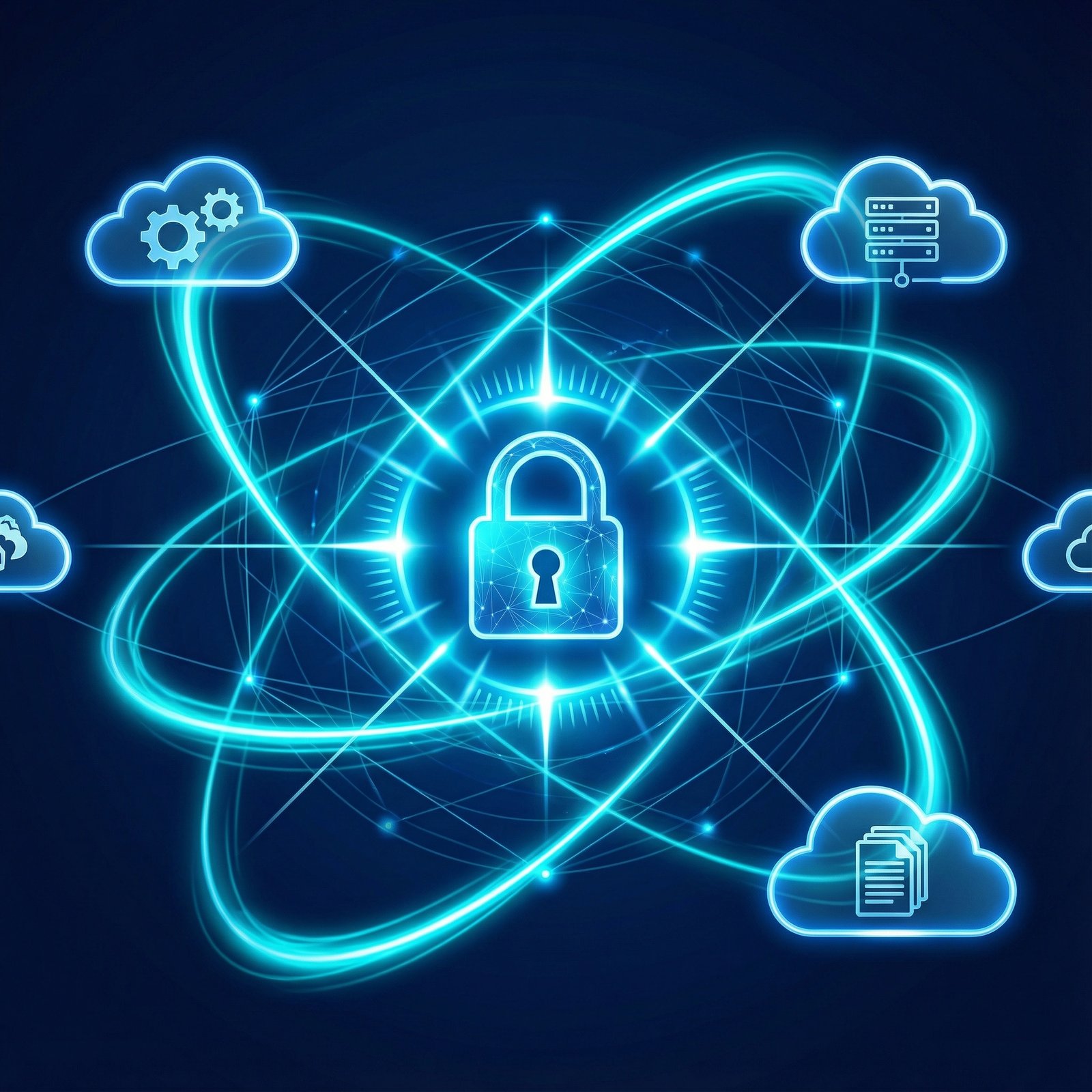 An abstract representation of a secure digital network with a central glowing lock icon connected to various cloud service icons on a deep navy background with vibrant cyan energy flows 1:1 no visible text