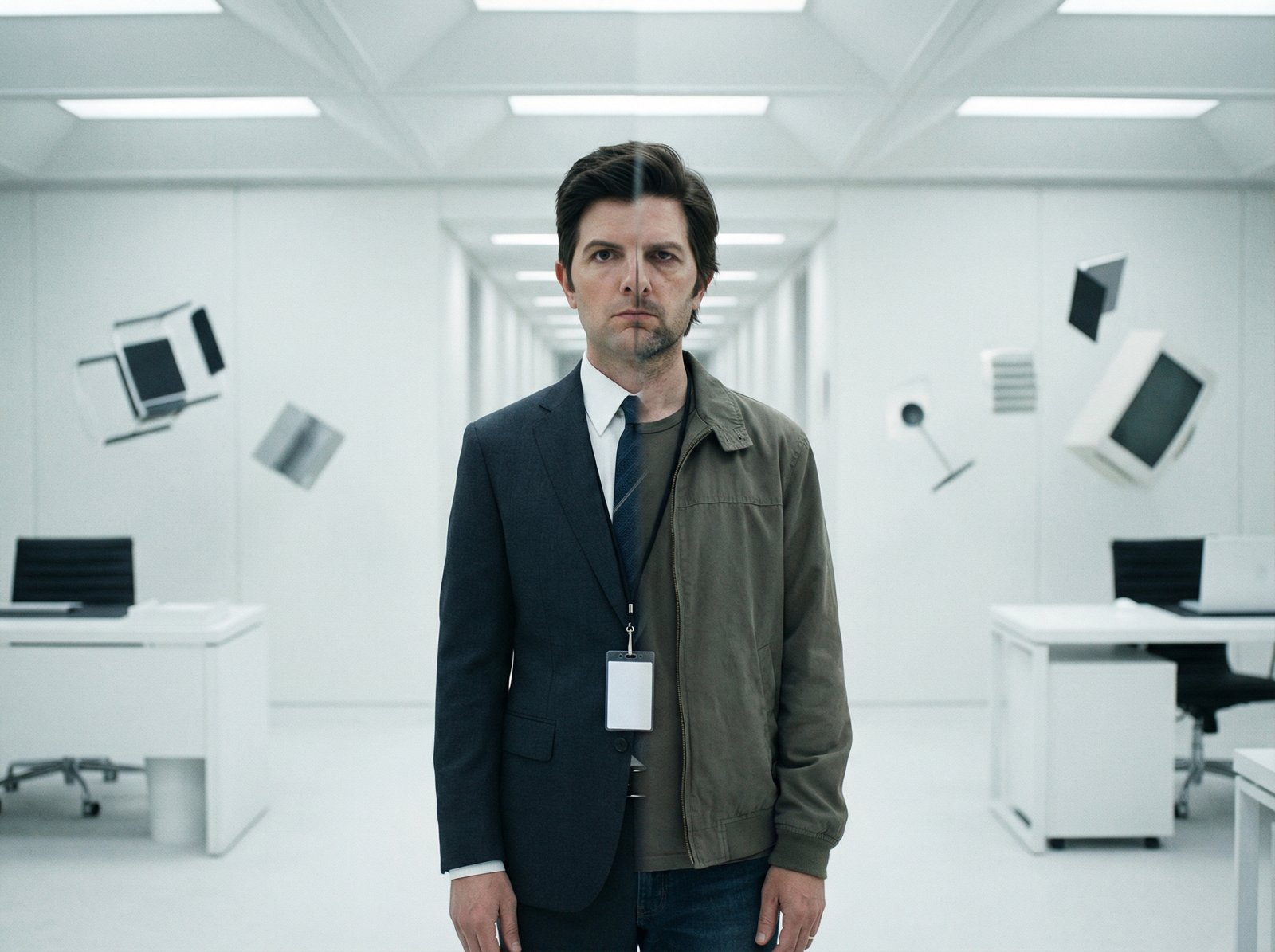 Main character from the show Severance, Adam Scott, in a surreal, minimalist corporate office setting, with a split identity theme. Modern, clean aesthetic, no visible text. 4:3 aspect ratio.