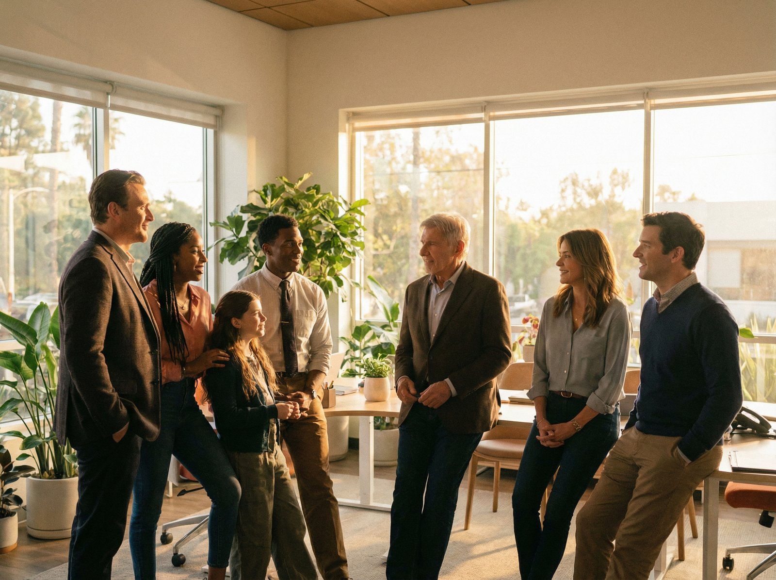 A vibrant and warm poster for "Shrinking" Season 3 on Apple TV. Features the main cast members (Jason Segel, Harrison Ford) with a subtle smile, in a cheerful, modern office setting. Focus on the ensemble cast feeling. Warm lighting, natural setting, no visible text, aspect ratio 4:3.