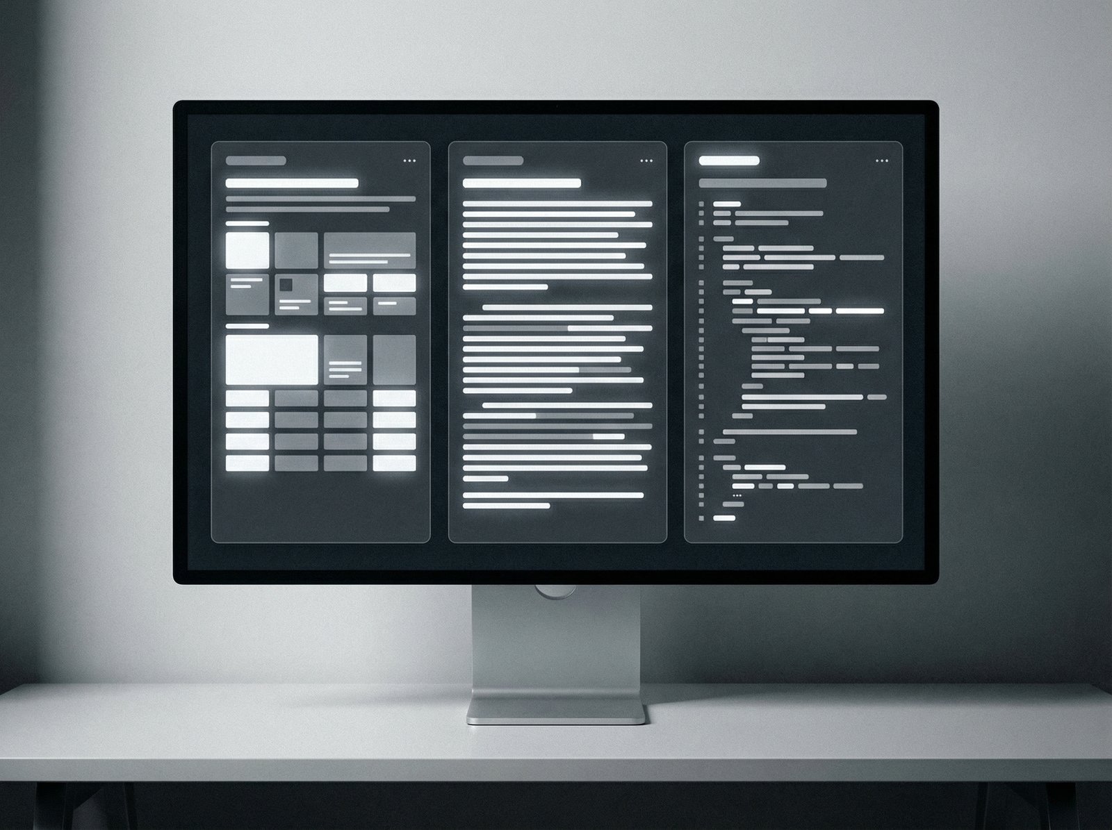 A modern computer screen displaying a clean user interface. On the screen, there are three distinct panels side-by-side, each showing different text outputs from an AI model based on a single input prompt. The design is informational with high contrast. Aspect ratio 4:3, no visible text.