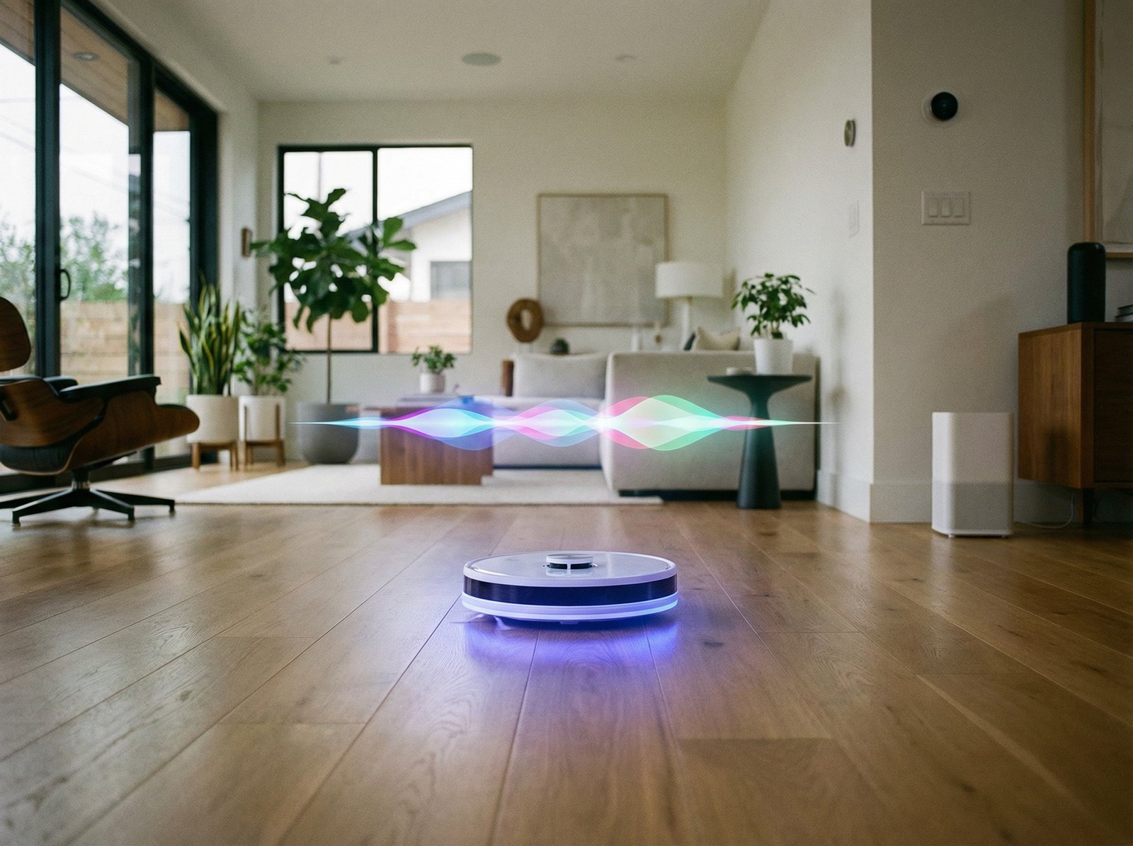 A sleek robot vacuum cleaning a modern living room, with a soft glow emanating from it, suggesting smart home integration. A faint, ethereal Siri waveform hovers above the vacuum. Aspect ratio 4:3, no visible text.