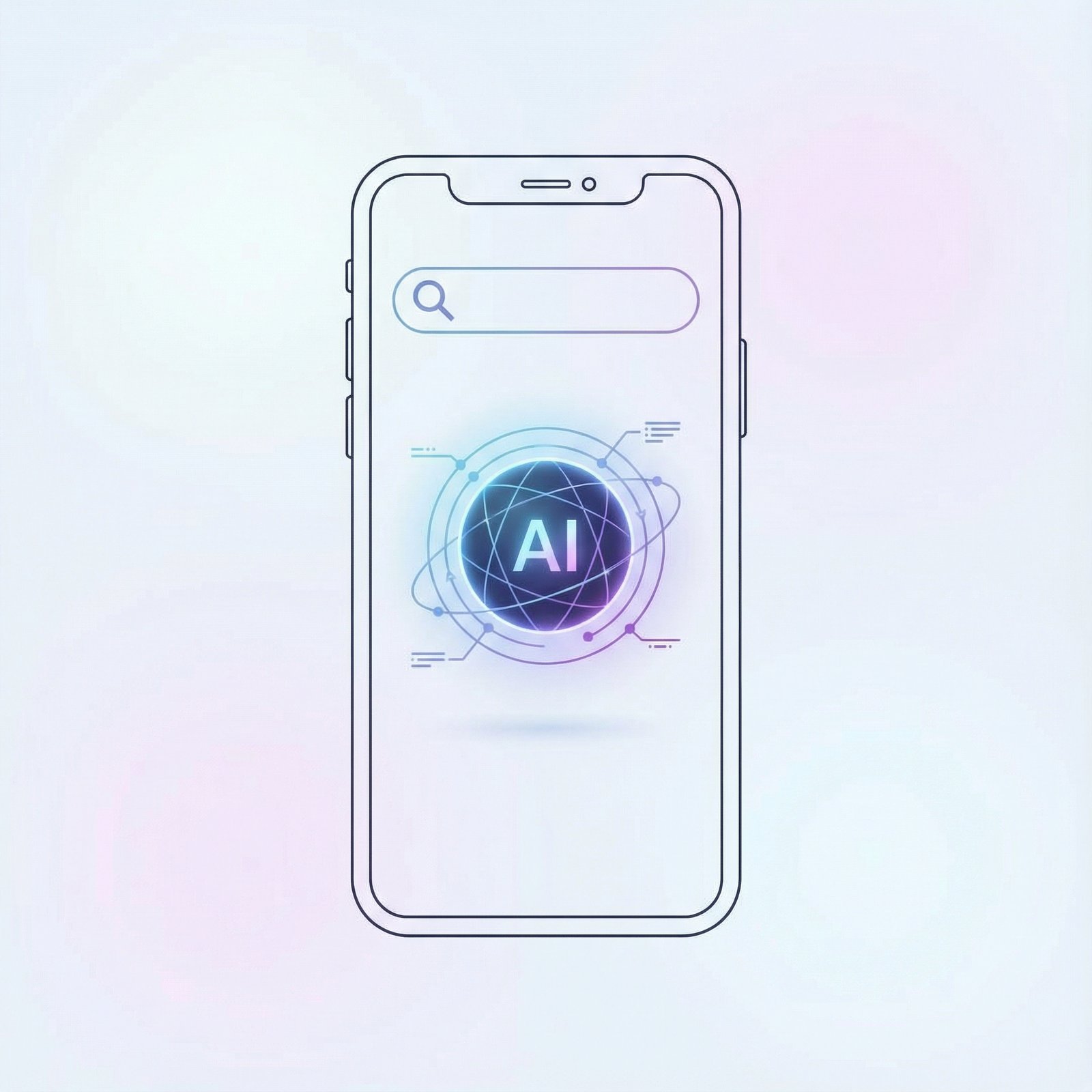 A stylized depiction of a minimalist Siri interface on an iPhone, incorporating abstract AI elements and a magnifying glass icon for web search, clean lines, subtle glow, no visible text, aspect ratio 1:1, informational style.