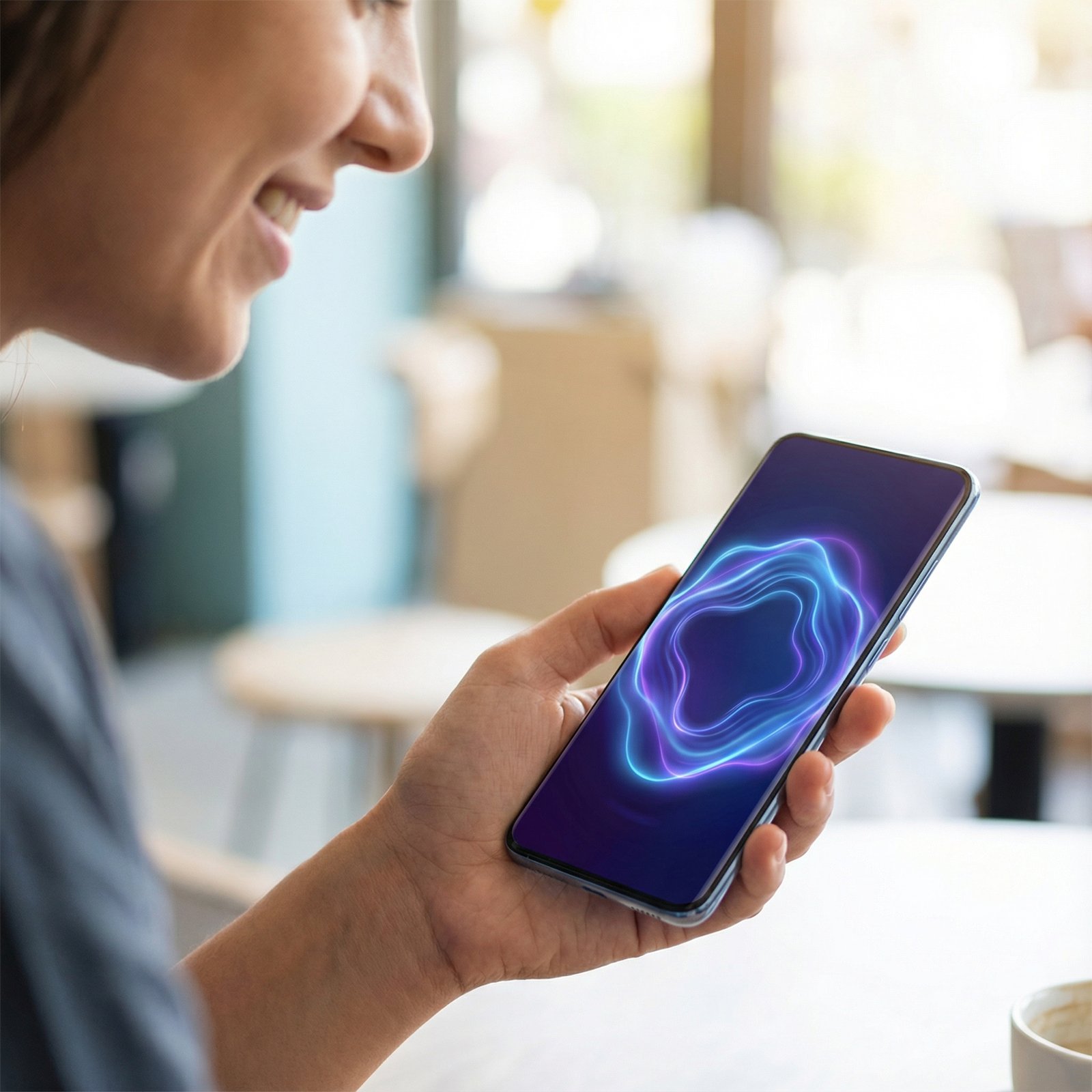 A user interacting seamlessly with a futuristic, conversational Siri assistant on an iPhone screen, depicted with flowing, intelligent AI light patterns. Emphasis on natural interaction and multi-step task completion. Aspect ratio 1:1, no visible text.