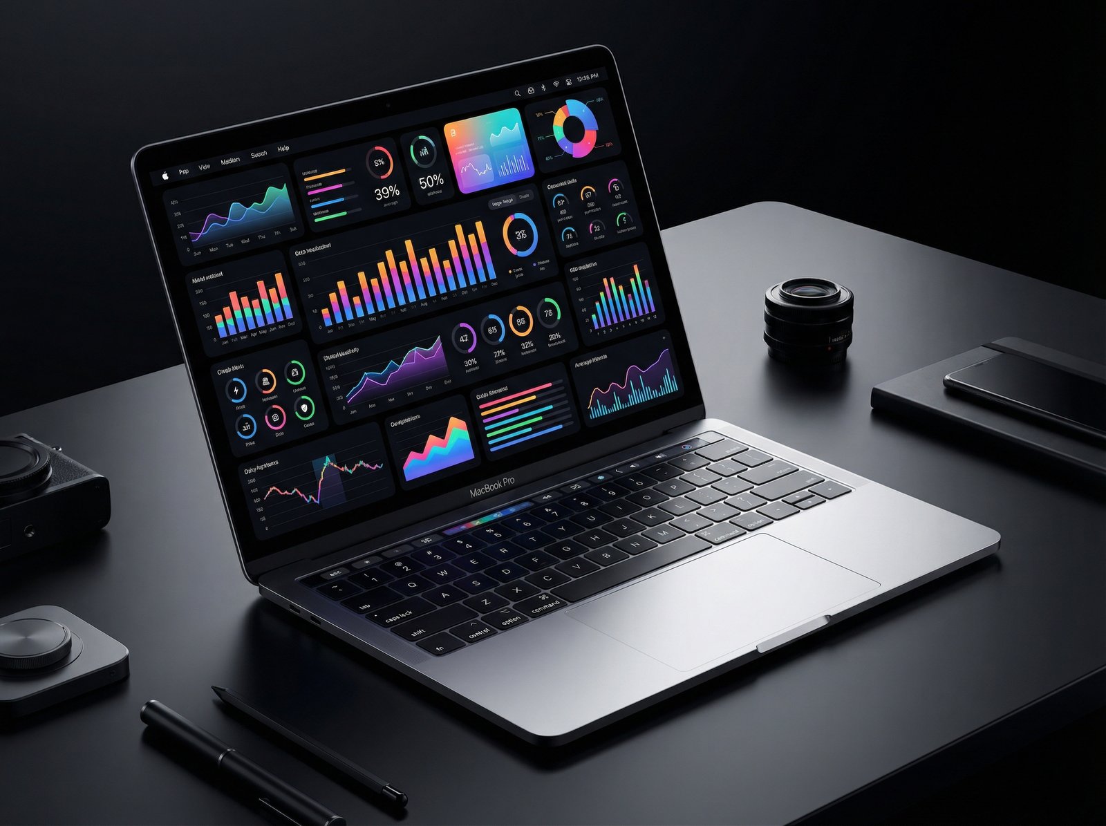 A sleek, modern MacBook Pro featuring a very thin design and a vibrant OLED display. The laptop is open, showing a clean interface on the screen. High-contrast, informational style, no visible text, 4:3 aspect ratio.