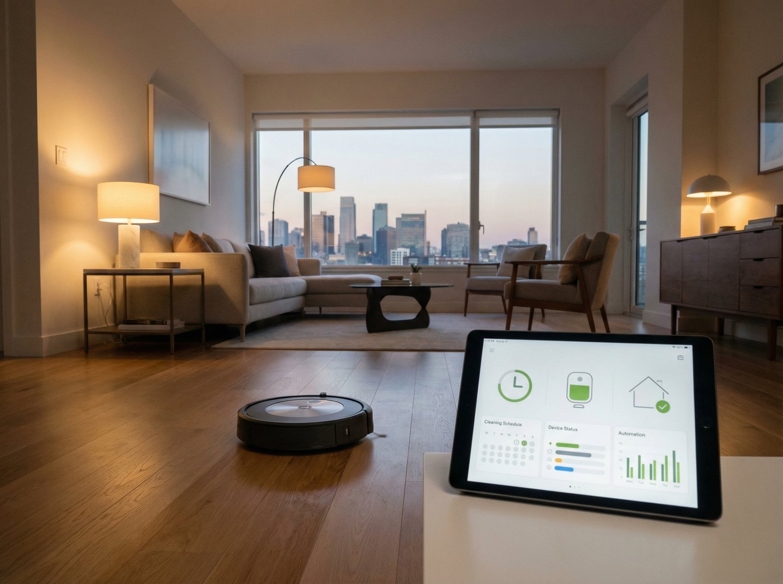 A clean, modern living room at dusk with a Roomba actively cleaning the floor. A subtle smart home interface is displayed on a tablet in the foreground, showing automation settings. The atmosphere is calm and efficient. The style is informational with a modern layout. no visible text, aspect ratio 4:3